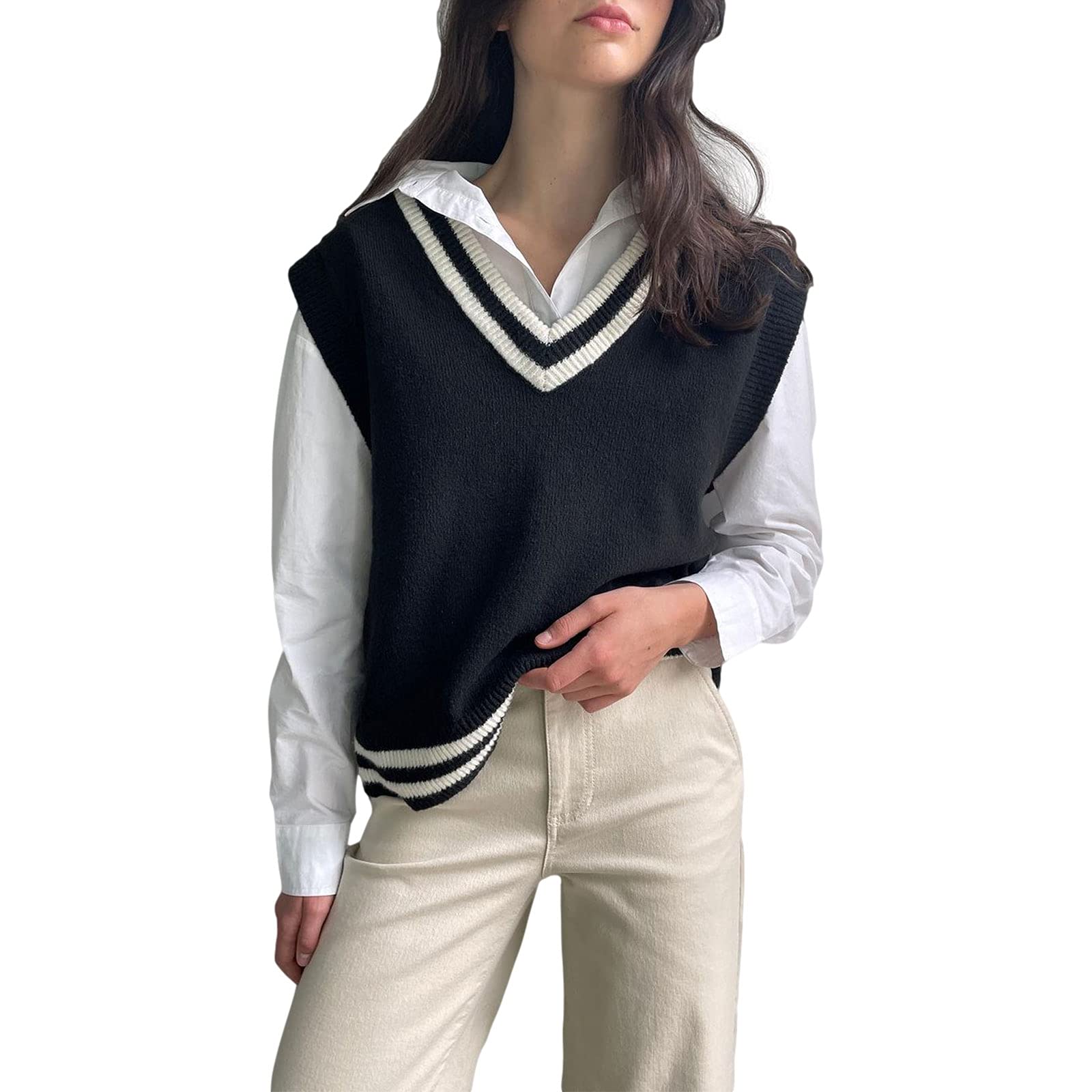 Women's V-Neck Knit Sweater Vest - Preppy Style Solid Color Sleeveless Pullover Top | 90s E-Girl Fashion | Casual Wear, Layering Piece for Fall & Winter