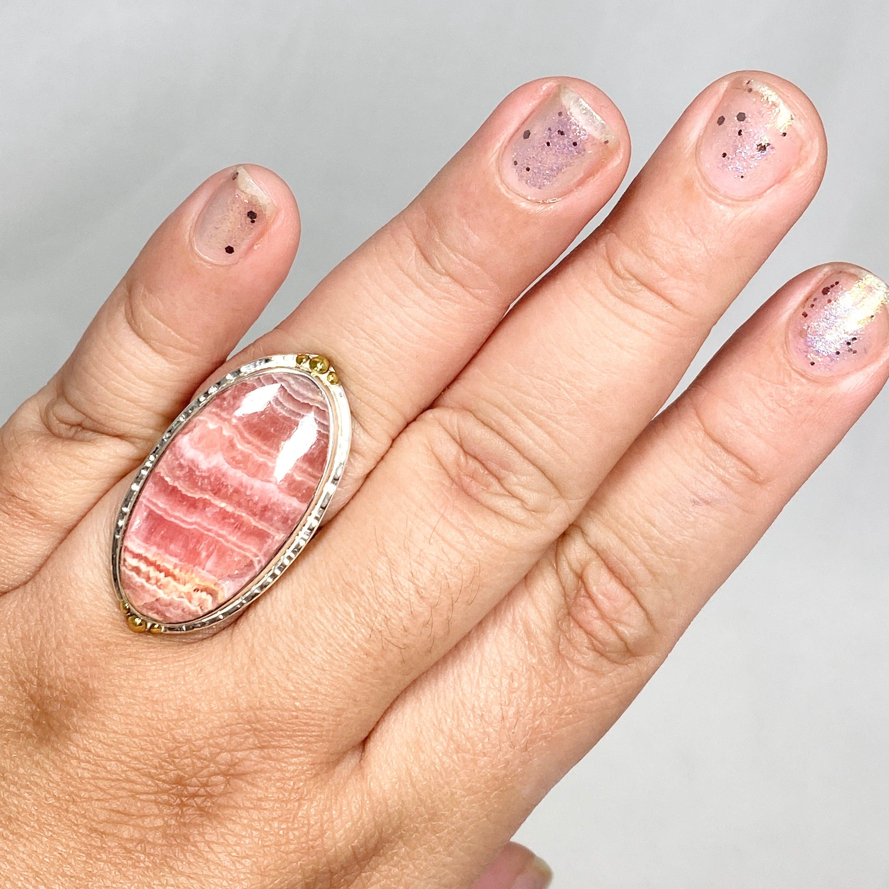 Rhodochrosite Oval Ring with Brass Accents - Size 10 Women's Jewelry KRGJ3166 | Elegant Gift for Valentine's Day, Anniversary & Special Occasions