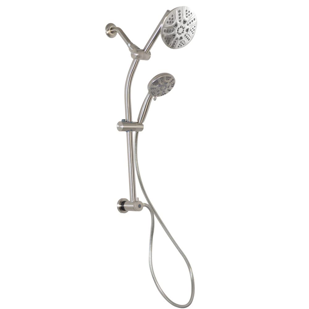 Westbrass SCH900-07 No Drill Adjustable Slide Shower Bar Kit with Diverter, 5-Function Round Fixed Shower Head & Handheld Shower, 5 Ft Hose in Satin Nickel - Perfect for Bathroom Renovation & Modern Home Upgrade