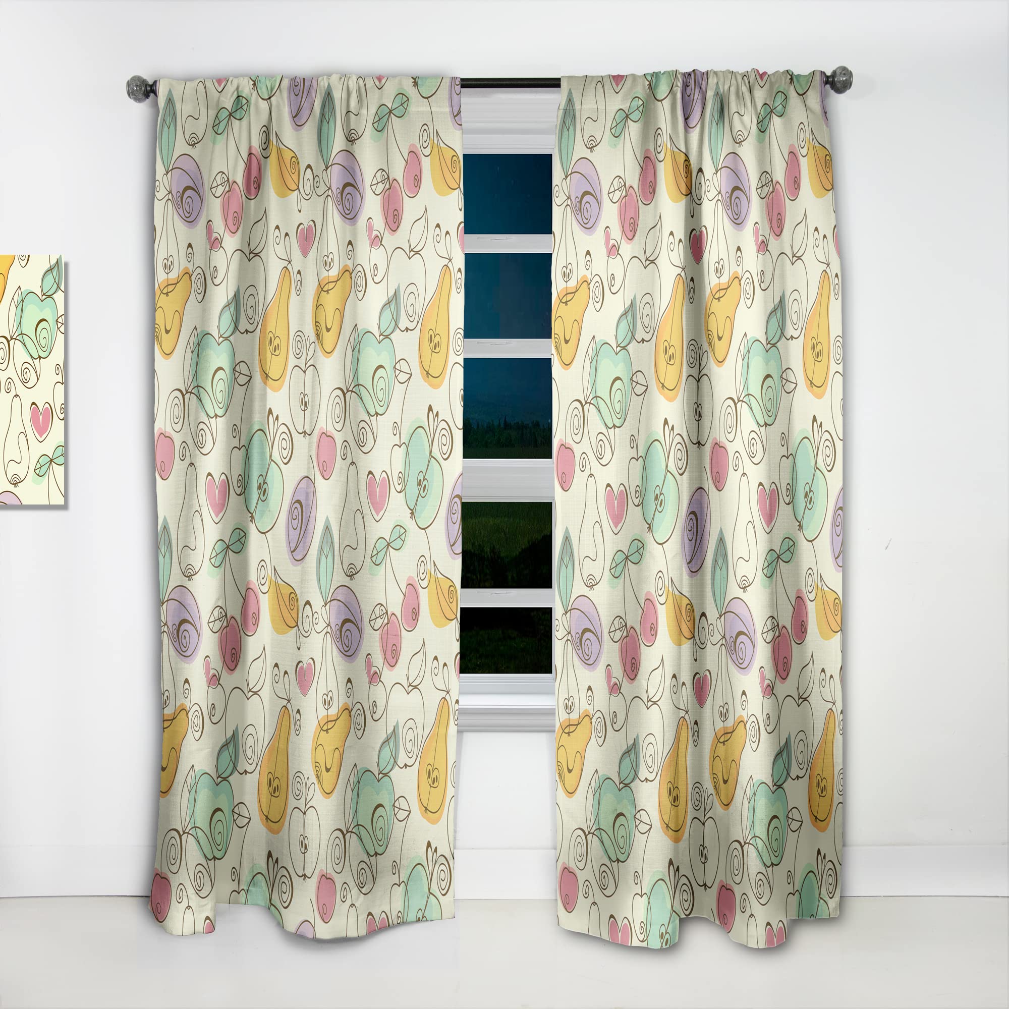 DesignQ Thermal Insulated Curtains - 'Apples, Pears & Cherries' Pattern - 52x84 Single Panel for Bedroom & Living Room - Energy Saving Blackout Drapes for Home Decor & Temperature Control