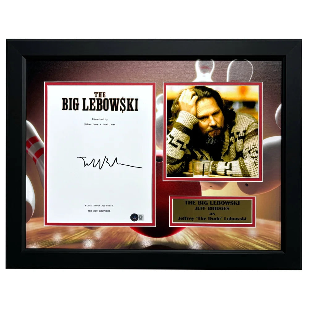 Jeff Bridges Autographed The Big Lebowski Movie Script Framed Collage with BAS COA - Signed Memorabilia for Movie Fans, Collectors, and Home Theater Decor