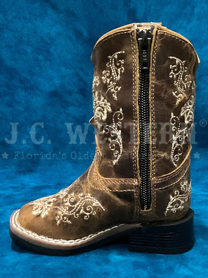Old West 1958 Kids Embroidered Square Toe Western Boots - Brown Leather Cowboy Boots for Boys & Girls - Perfect for Rodeo, Country Dance & Western Themed Parties