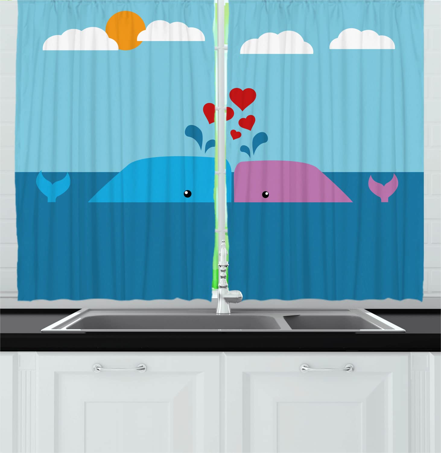 Ambesonne Whale Print Kitchen Curtains - Romantic Ocean Sunset with Whales & Clouds, Fun Animal Love Design, 2 Panels with Rod Pocket, 55 x 45 Inches, Blue & Pink - Perfect for Coastal, Beach & Nautical Themed Home Decor