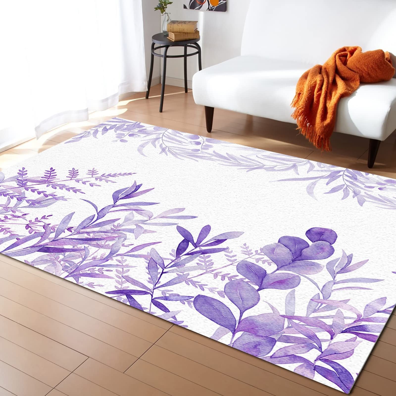 Lavender Purple Watercolor Foliage Area Rug 5'x7' - Soft Washable Non-Slip Indoor Carpet for Living Room, Bedroom, Nursery & Home Decor | Boho Chic Floral Floor Mat for Cozy Spaces