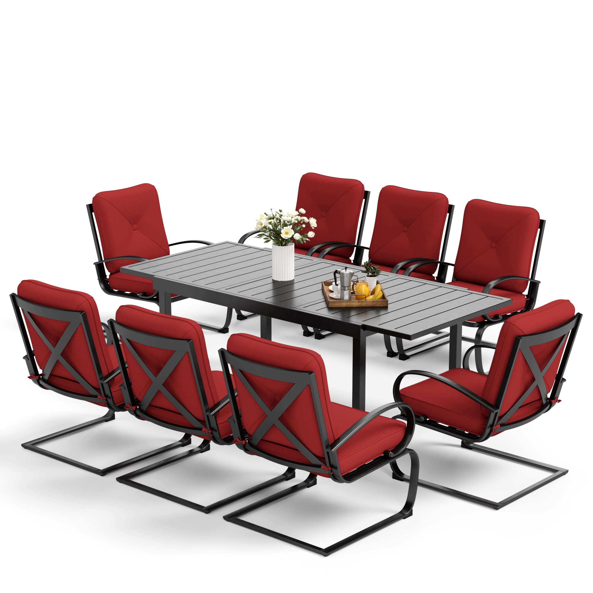 MFSTUDIO 9-Piece Outdoor Patio Dining Set with 8 Spring Motion Chairs & Cushions + 1 Expandable Rectangular Table - Burgundy Garden Furniture for Porch, Lawn, Backyard & Outdoor Entertaining