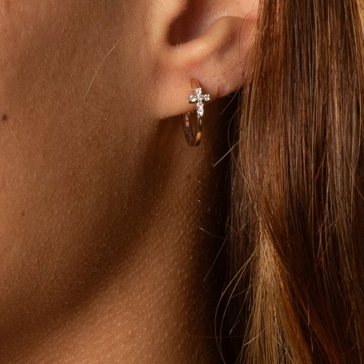 10k Yellow Gold Diamond Cross Hoop Earrings for Women - Elegant Religious Jewelry Gift for Christmas, Baptism & Everyday Wear