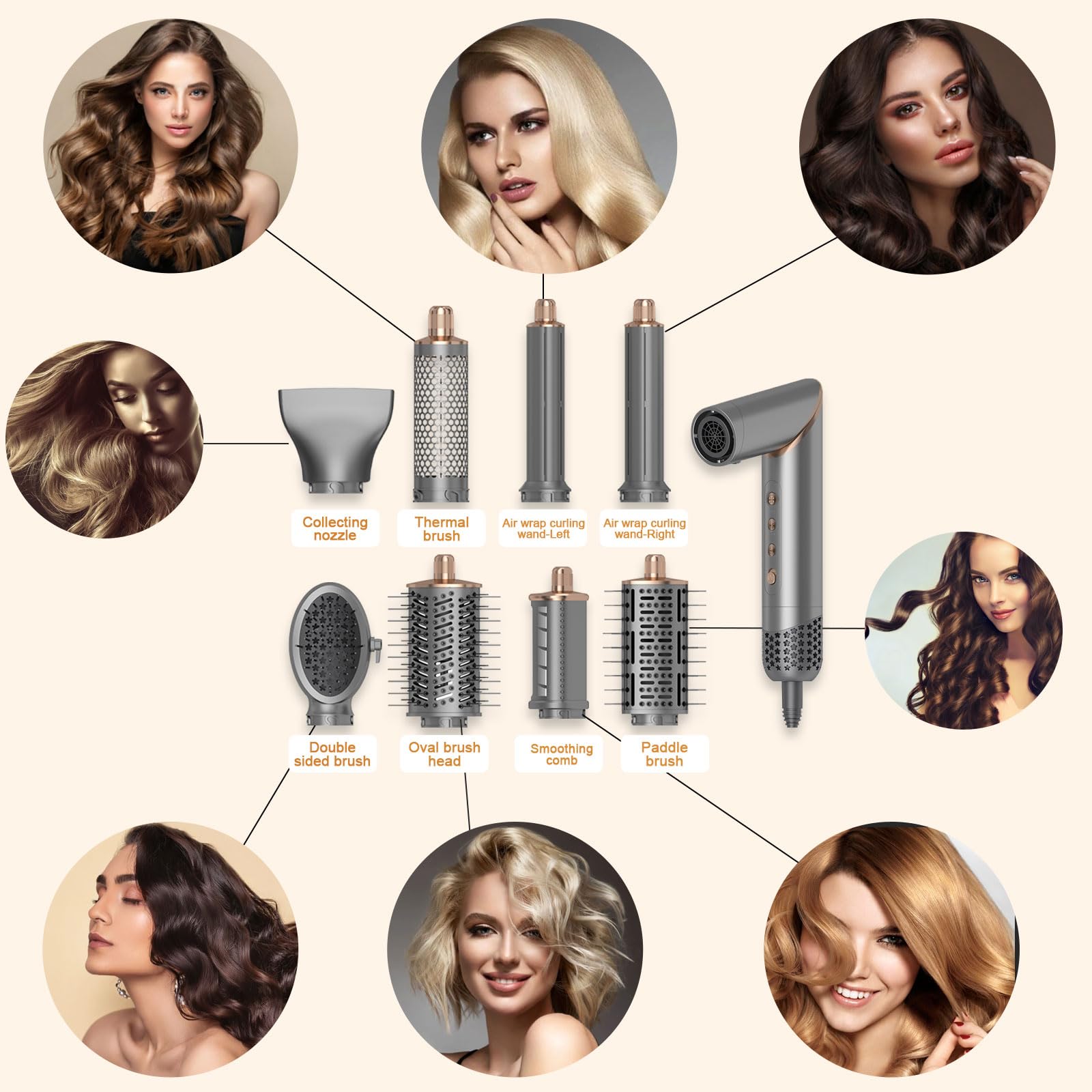 8 in 1 Hair Dryer Brush Set - Ionic Hot Air Styler for Curling, Waves & Straightening | Foldable Blow Dry Brush for Volume & Smoothing | Perfect for Home, Salon & Travel Styling