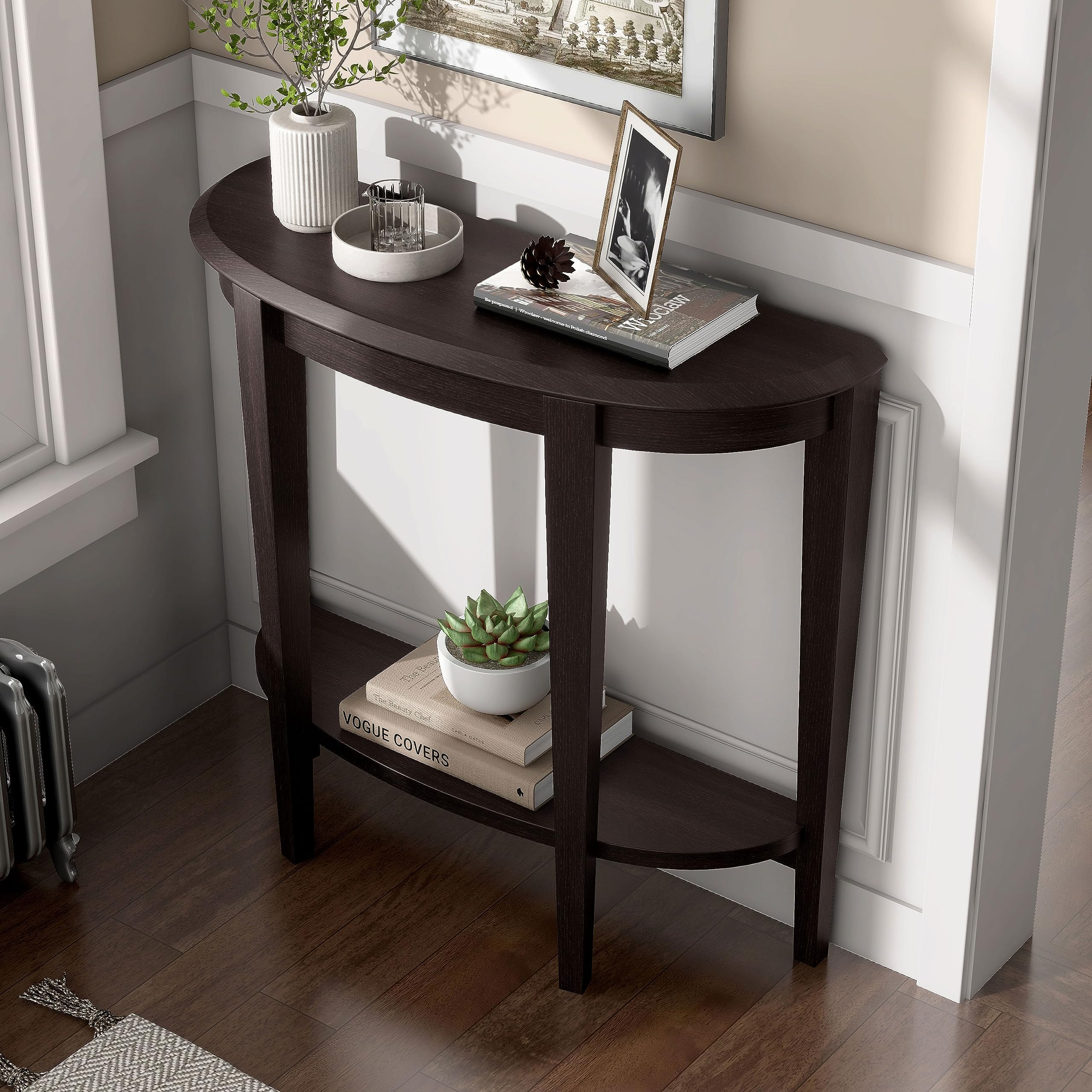 Payne Modern Half Moon Console Table with Storage Shelf - Entryway Furniture for Living Room, Hallway & Small Spaces - Cappuccino Finish - Perfect for Home Decor & Space Saving Solutions