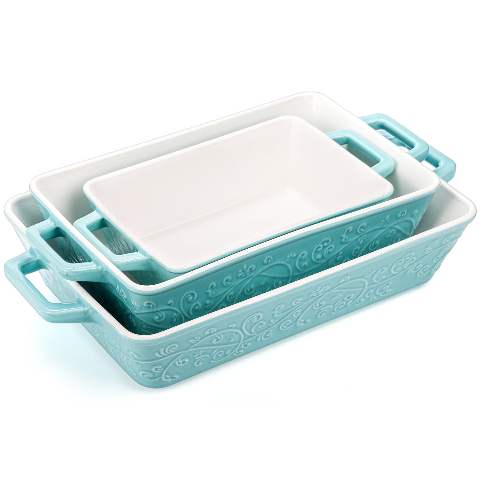 Okllen 3-Piece Ceramic Casserole Dish Set - Oven Safe Rectangular Baking Pans with Handles for Lasagna, Roasting, Broiling & Gratin | Perfect for Home Cooking, Dinner Parties & Wedding/Housewarming Gifts (Blue)