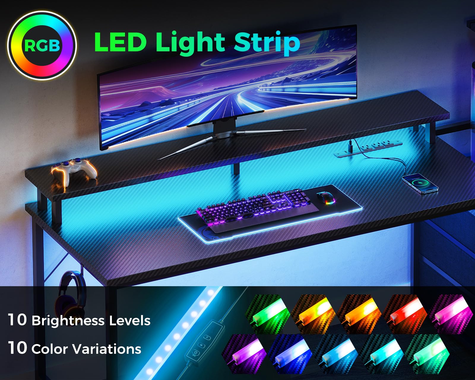 AODK 59 Inch Gaming Desk with USB Charging Ports & LED Lights - Reversible Computer Desk with Storage Shelves & Monitor Stand, Modern Gamer Table with Fabric Drawers & Side Hook - Perfect for PC Gaming Setup, Home Office & Streaming Studio (Carbon Fiber Black)