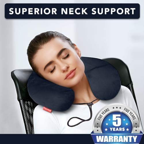 Ergonomic Polyester Travel Neck Pillow for Airplane, Car & Train - Orthopedic Support for Cervical Pain Relief - Blue Comfort Cushion with 5-Year Warranty | Perfect for Long Flights, Road Trips & Office Naps