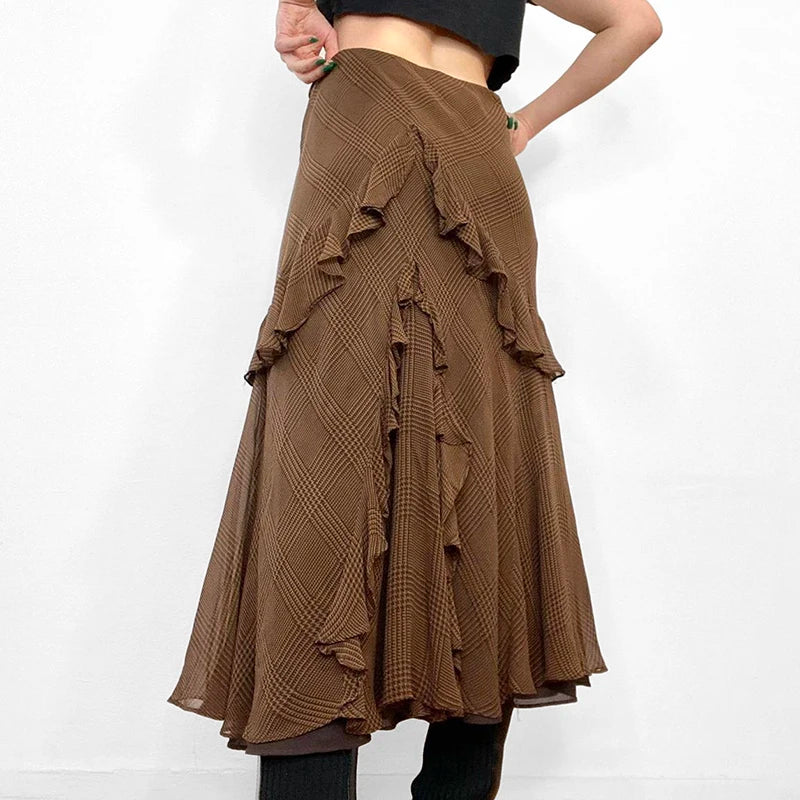 Elegant Asymmetrical Brown Boho Long Skirt - Vintage Chiffon Ruffles Stitched Plaid Skirt for Women | Perfect for Autumn Parties, Weddings & Boho Fashion Outfits