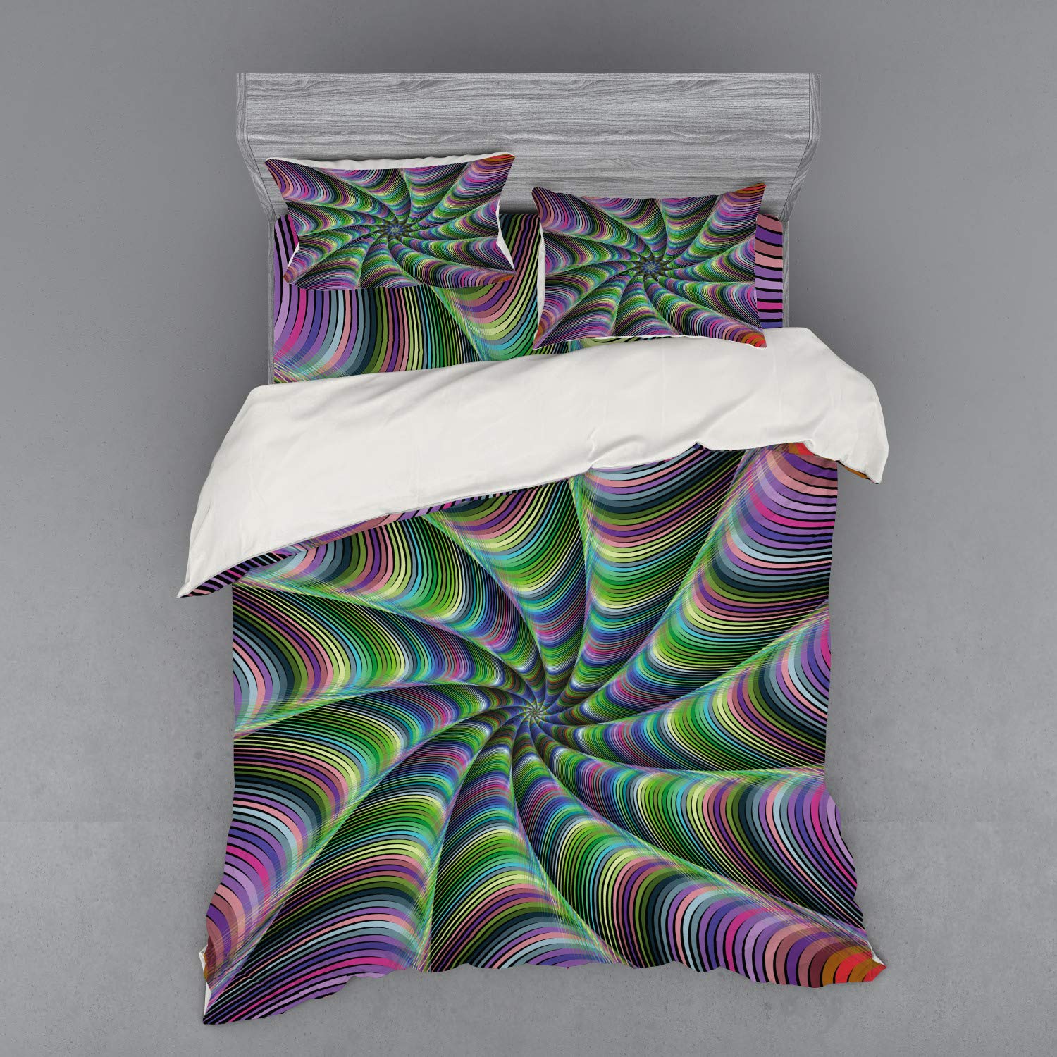 Ambesonne Fractal Duvet Cover Set - Psychedelic Tentacles & Flower Infinity Design, 4-Piece Queen Size Bedding Set with Shams & Fitted Sheet in Green & Purple | Modern Bohemian Bedroom Decor for Teens & Adults