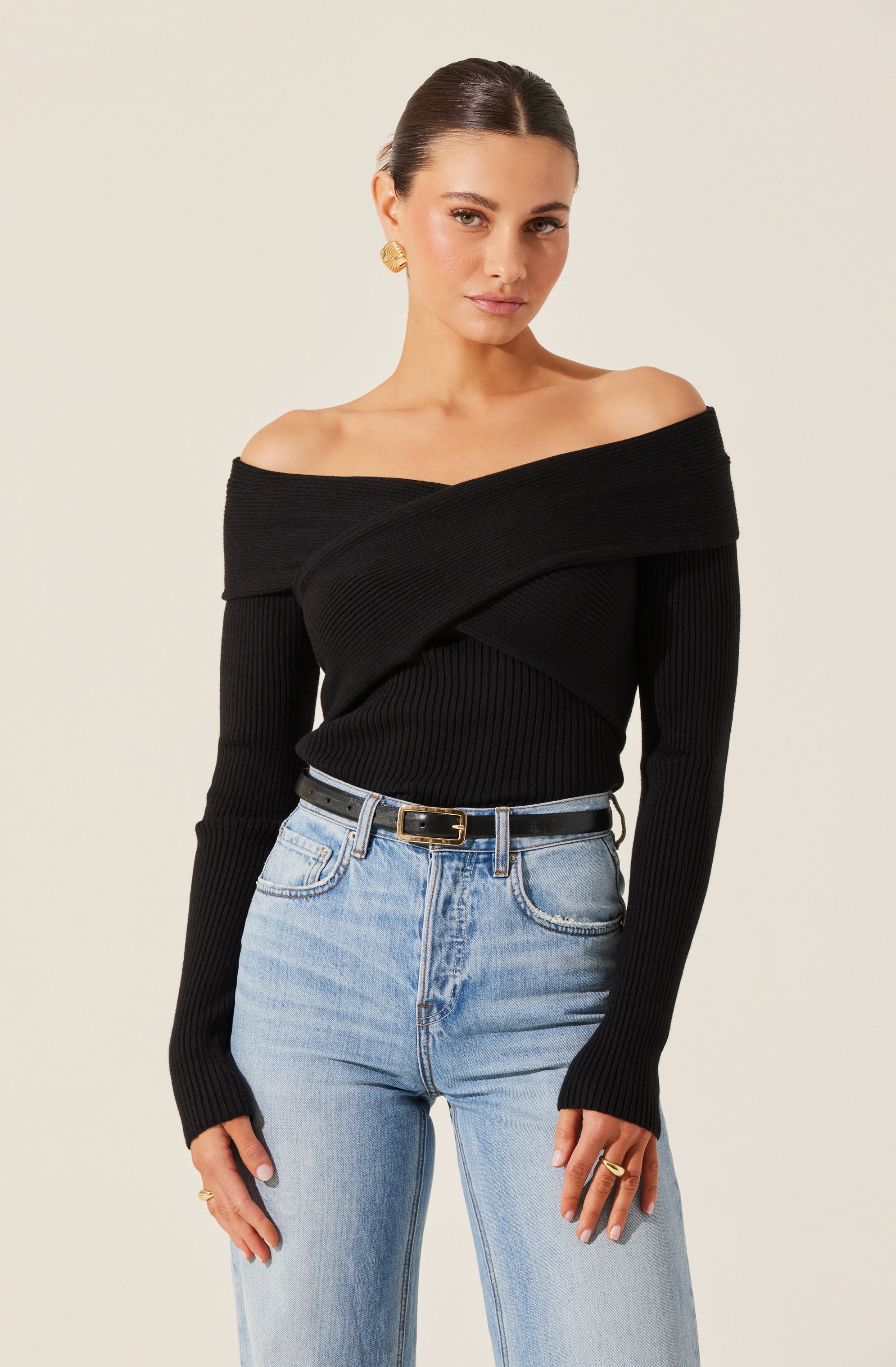 Off Shoulder Crossover Sweater Women's Fashion - Casual Knit Pullover for Fall & Winter - Perfect for Date Night, Office Wear & Weekend Outfits