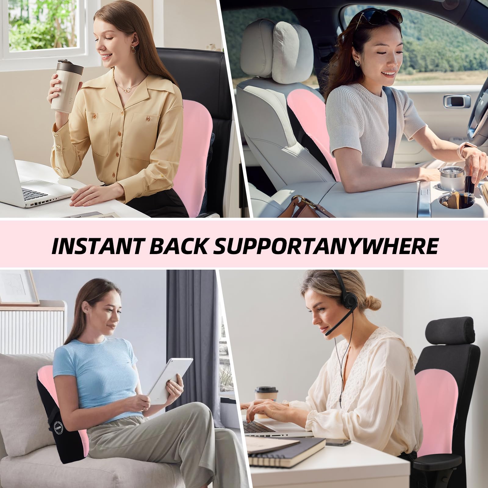 Memory Foam Lumbar Pillow for Office & Car - Back Pain Relief & Posture Support (Pink) - Perfect for Work & Travel