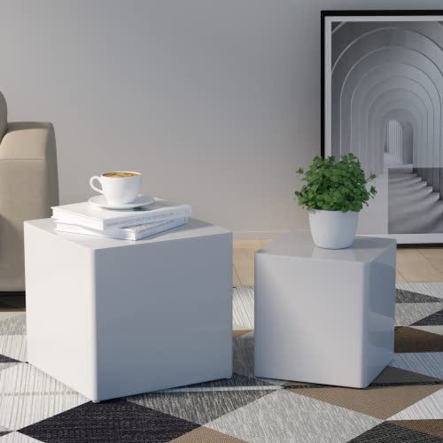 Nesting Side End Tables Set of 2 - White Square Minimalist Coffee Table & Nightstands for Small Spaces - Perfect for Living Room, Bedroom, or Office Use