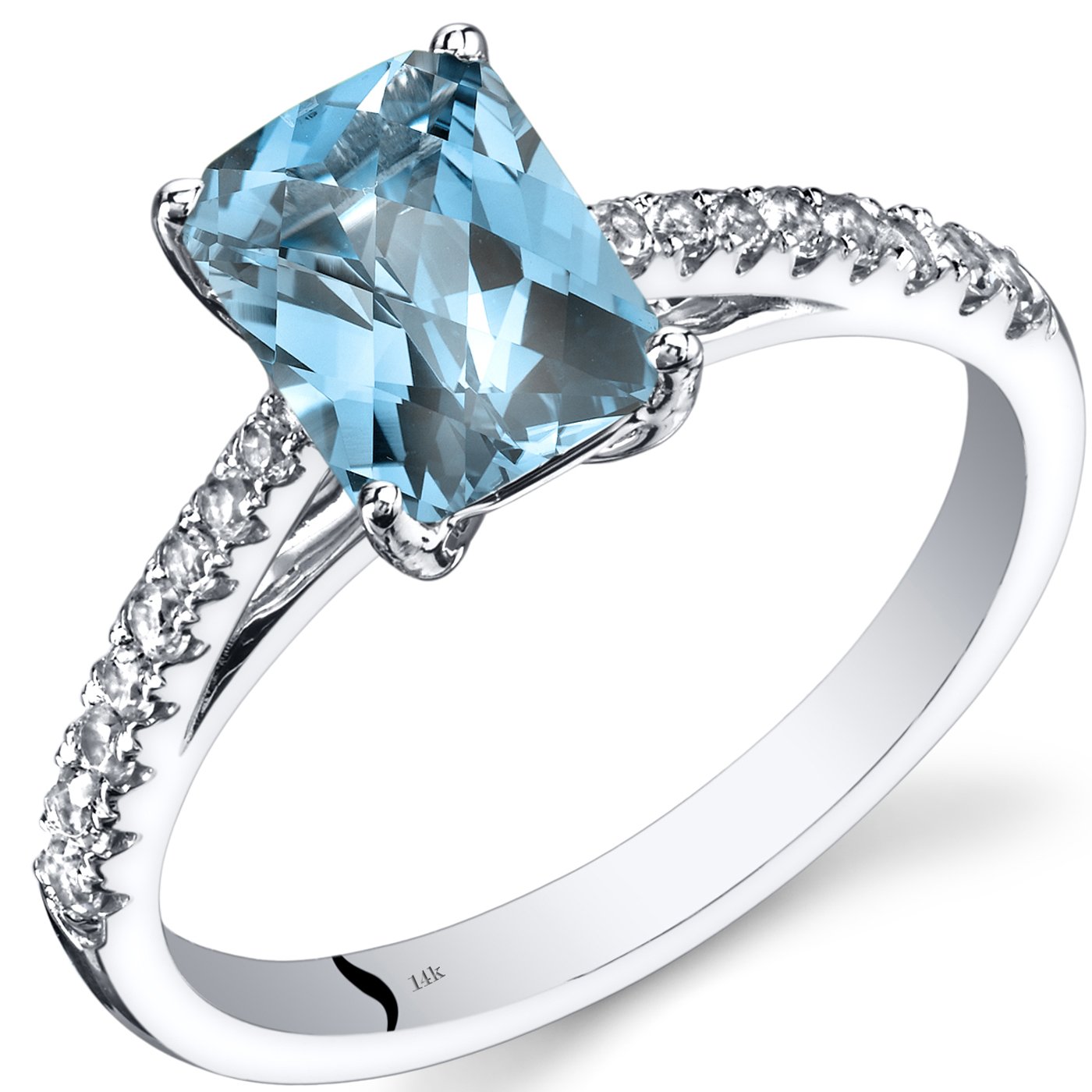 Peora 14K White Gold Swiss Blue Topaz & White Topaz Solitaire Ring for Women – Genuine 1.75 Carat Radiant Cut (8x6mm) Birthstone Jewelry, Sizes 5-9 | Elegant Gift for Anniversary, Birthday & Special Occasions