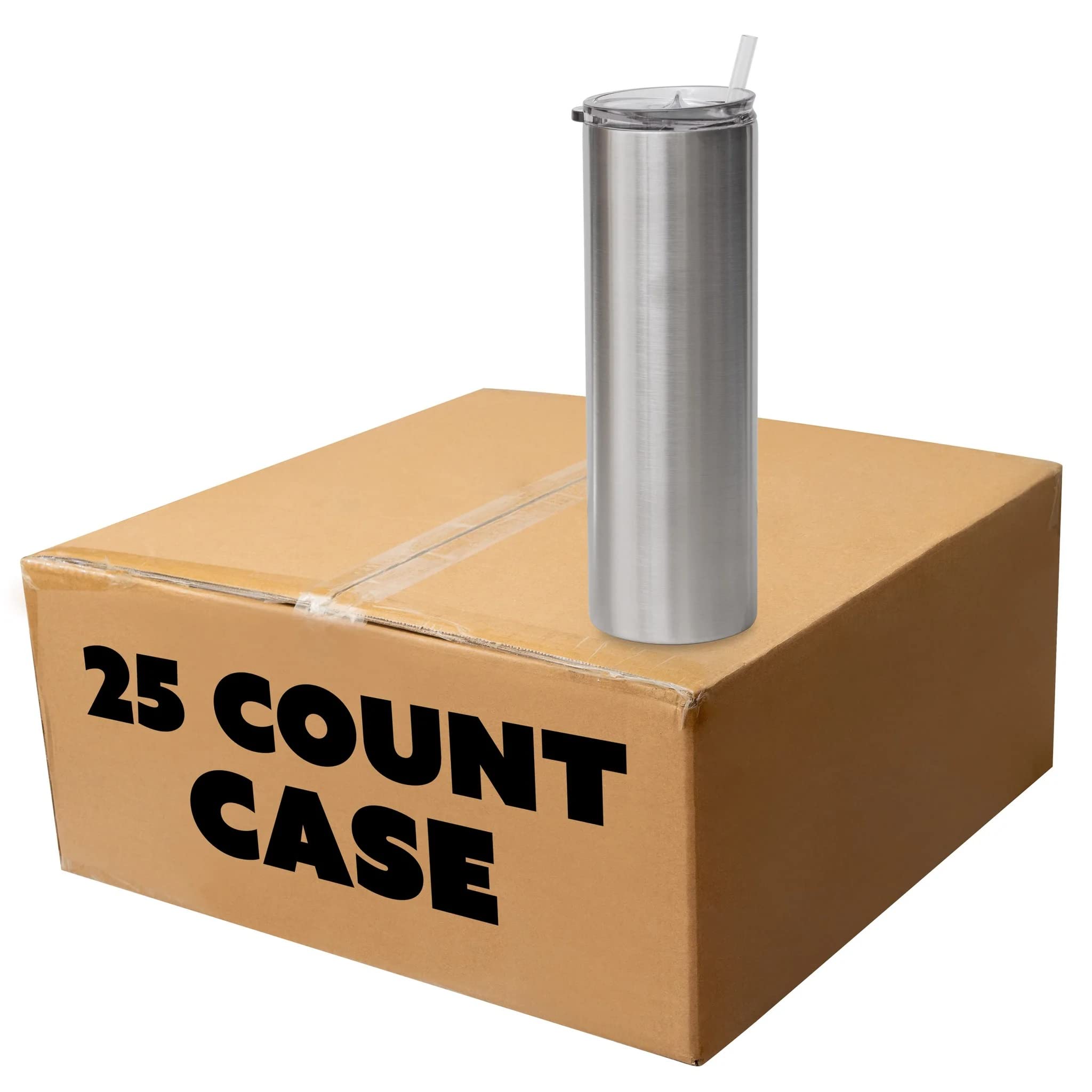 Makerflo Silver 30 oz Skinny Stainless Steel Tumbler with Lid & Straw - Bulk Pack of 25 - DIY Customizable Cup for Epoxy, UV DTF, Vinyl & Laser Engraving - Perfect for Personalized Gifts, Promotional Events & Craft Projects - Not for Sublimation