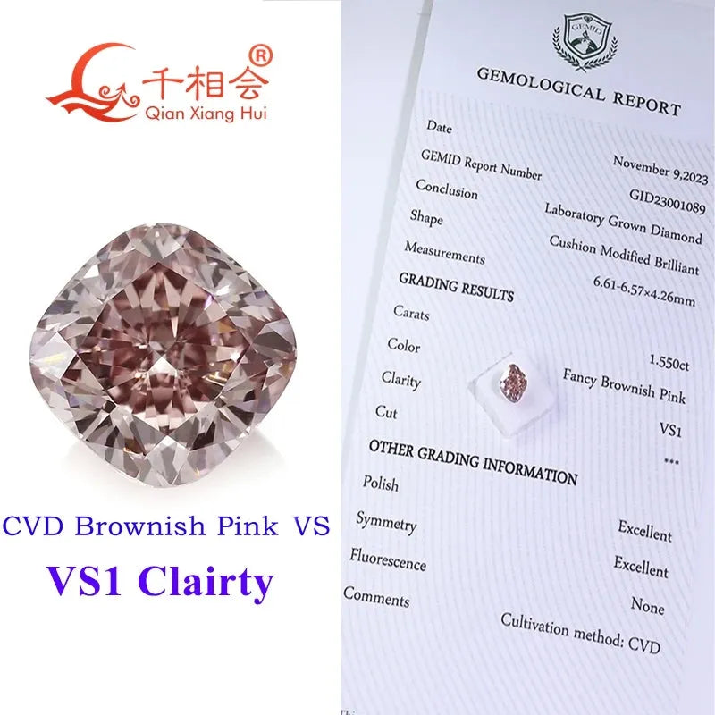2.75ct CVD Lab Grown Diamond - Fancy Brownish Pink, VVS Clarity, Cushion Shape, GEMID Certified Loose Stone for Jewelry Making & Engagement Rings
