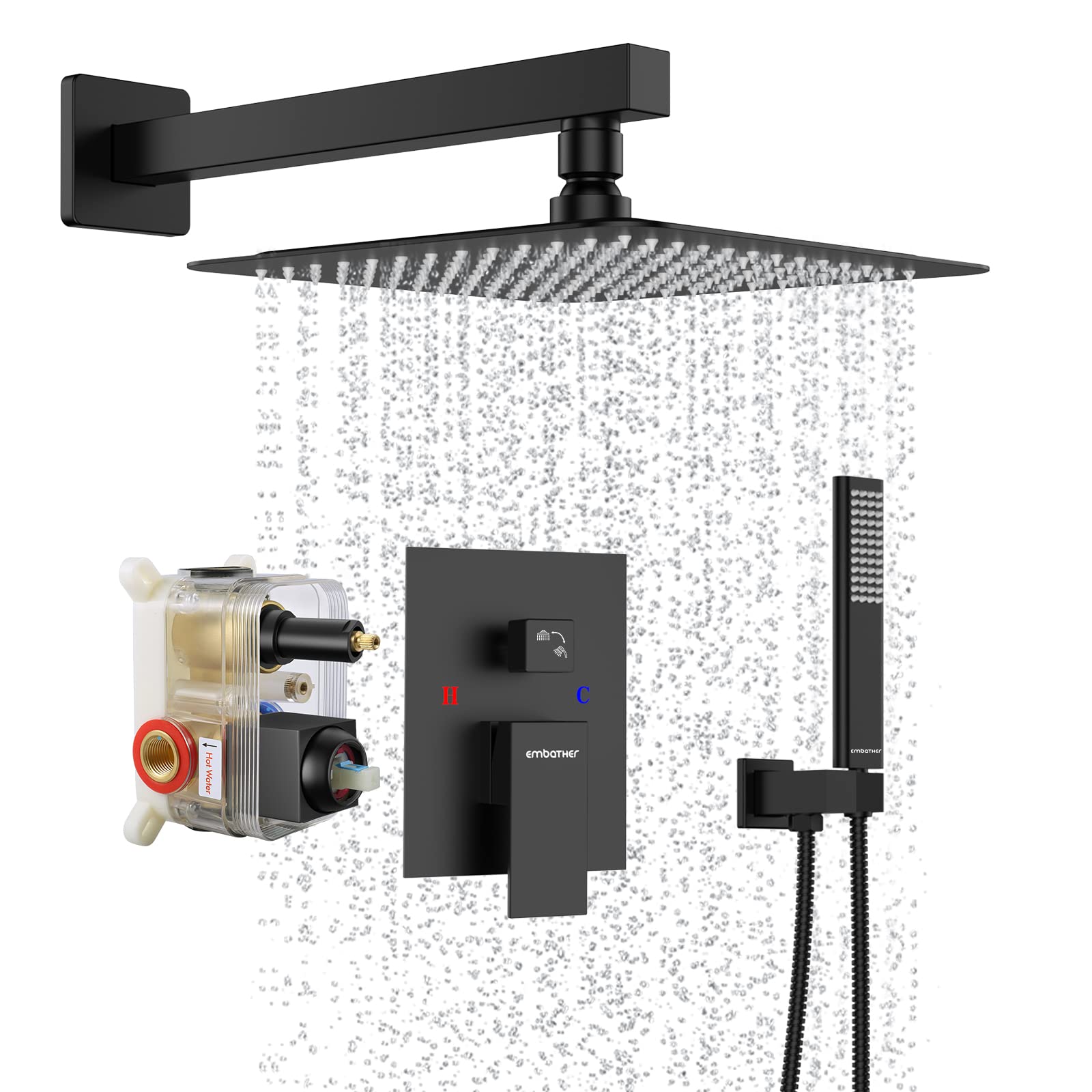 EMBATHER 12 Inch Matte Black Shower System - Square Rainfall Shower Head & Handheld Spray Combo with Wall Mounted Faucet for Bathroom (Includes Rough-in Valve & Trim) - Perfect for Modern Home Spa Experience and Luxury Bathroom Renovation