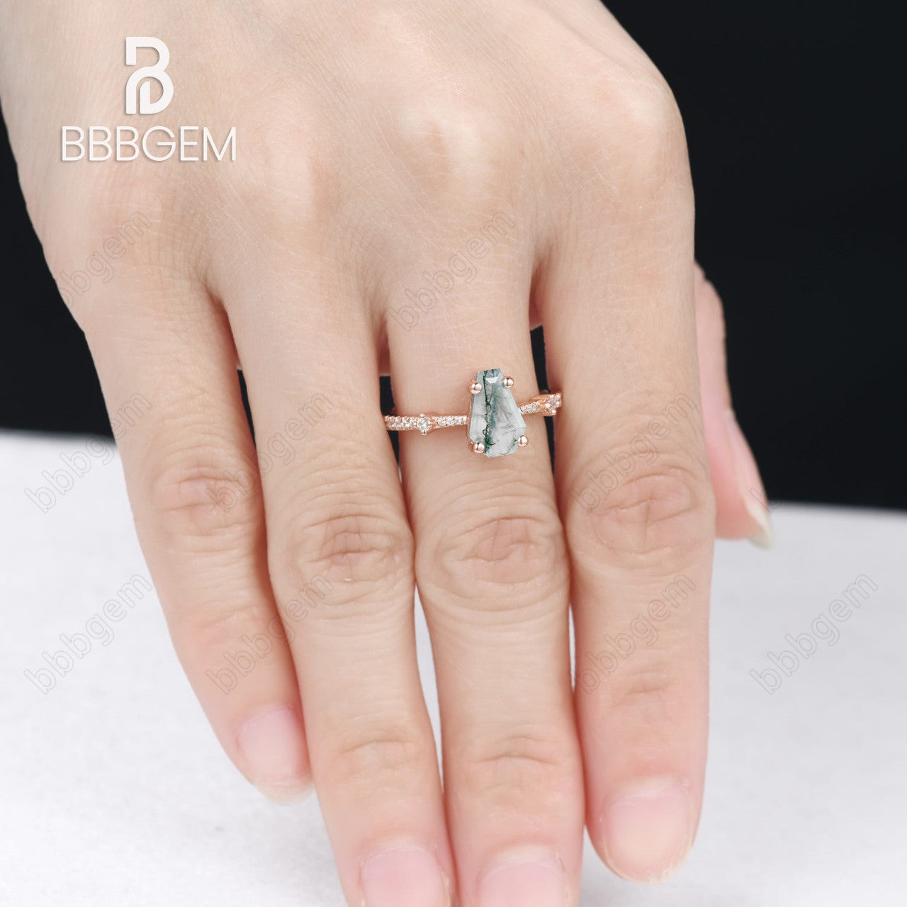 Natural Green Moss Agate Promise Ring with Moissanite Band in Rose Gold & Silver | Unique Coffin Cut Design for Engagement, Wedding & Anniversary Gifts | Handmade Jewelry for Her