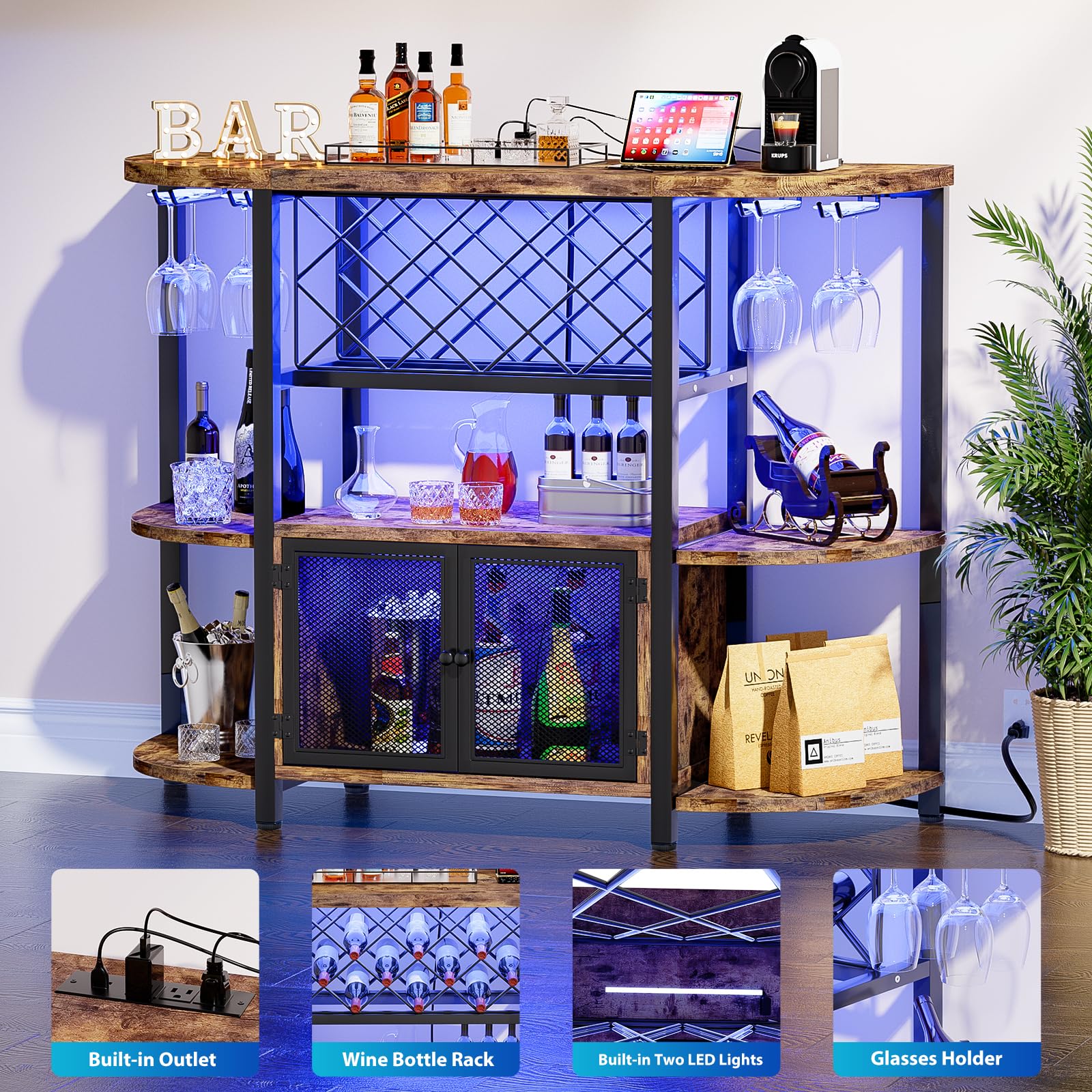 Industrial Wine Bar Cabinet with LED Lights & Power Outlets - Freestanding Coffee Liquor Cabinet with Glass Storage - Rustic Brown Farmhouse Kitchen/Dining Bar Cabinet - Perfect for Home Entertaining & Wine Display