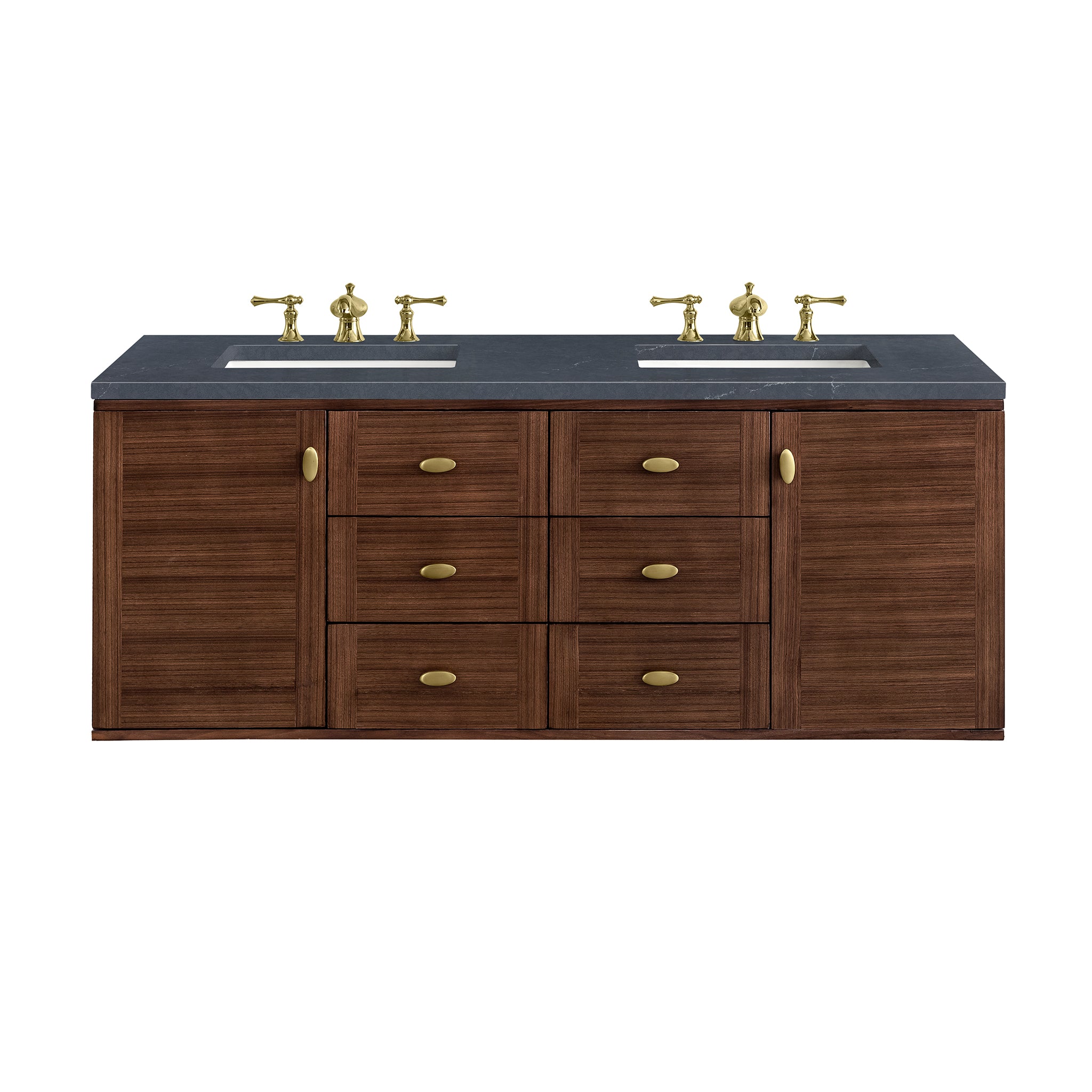 Amberly 60 Inch Double Bathroom Vanity with Mid Century Modern Walnut Base & 3CM Charcoal Soapstone Countertop - Perfect for Master Bathroom Renovation and Luxury Home Upgrade
