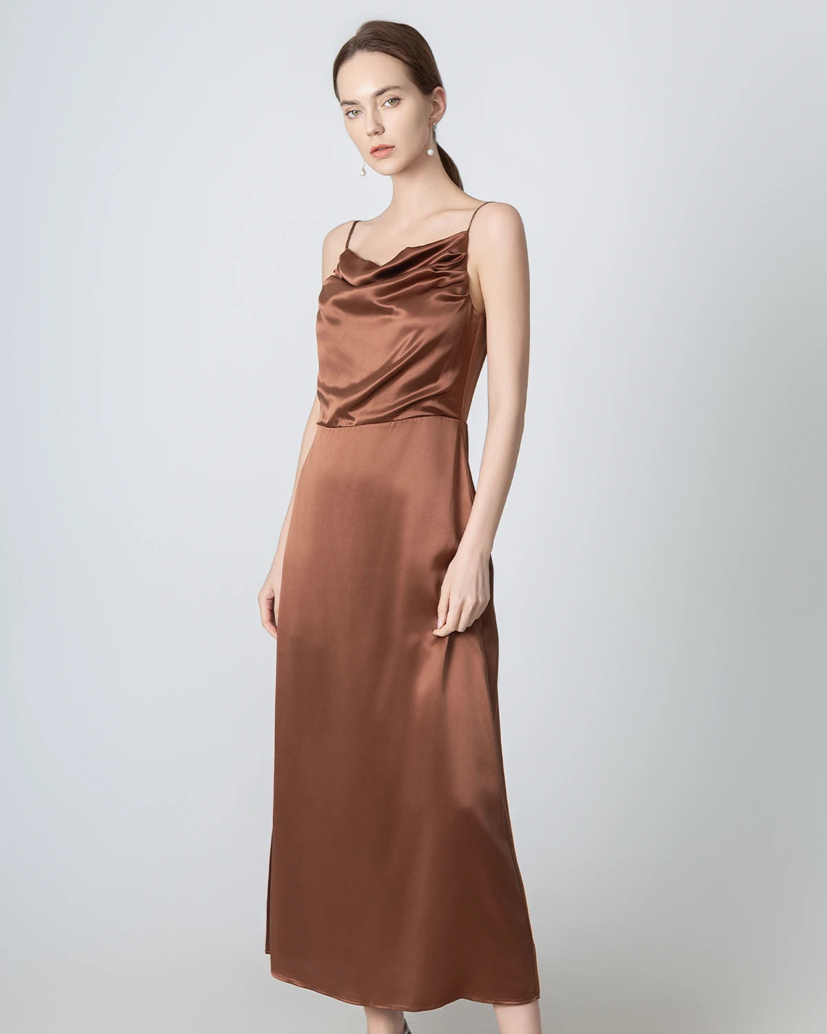 Elegant Pleated Cowl Neck Slit Maxi Silk Dress for Women - Perfect for Weddings, Parties & Evening Events