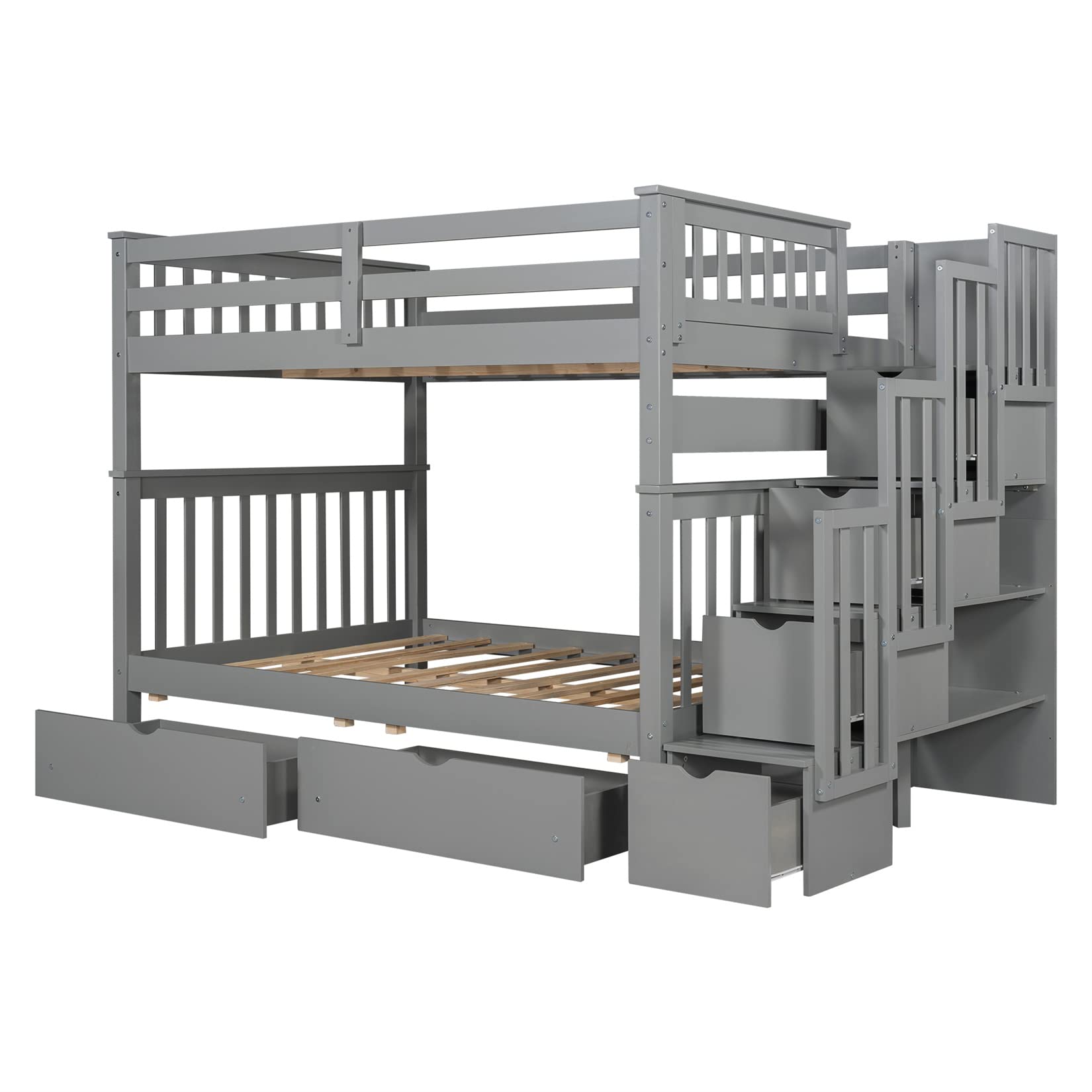 Full Over Full Bunk Bed with Storage & Stairs - Space-Saving for Kids & Adults