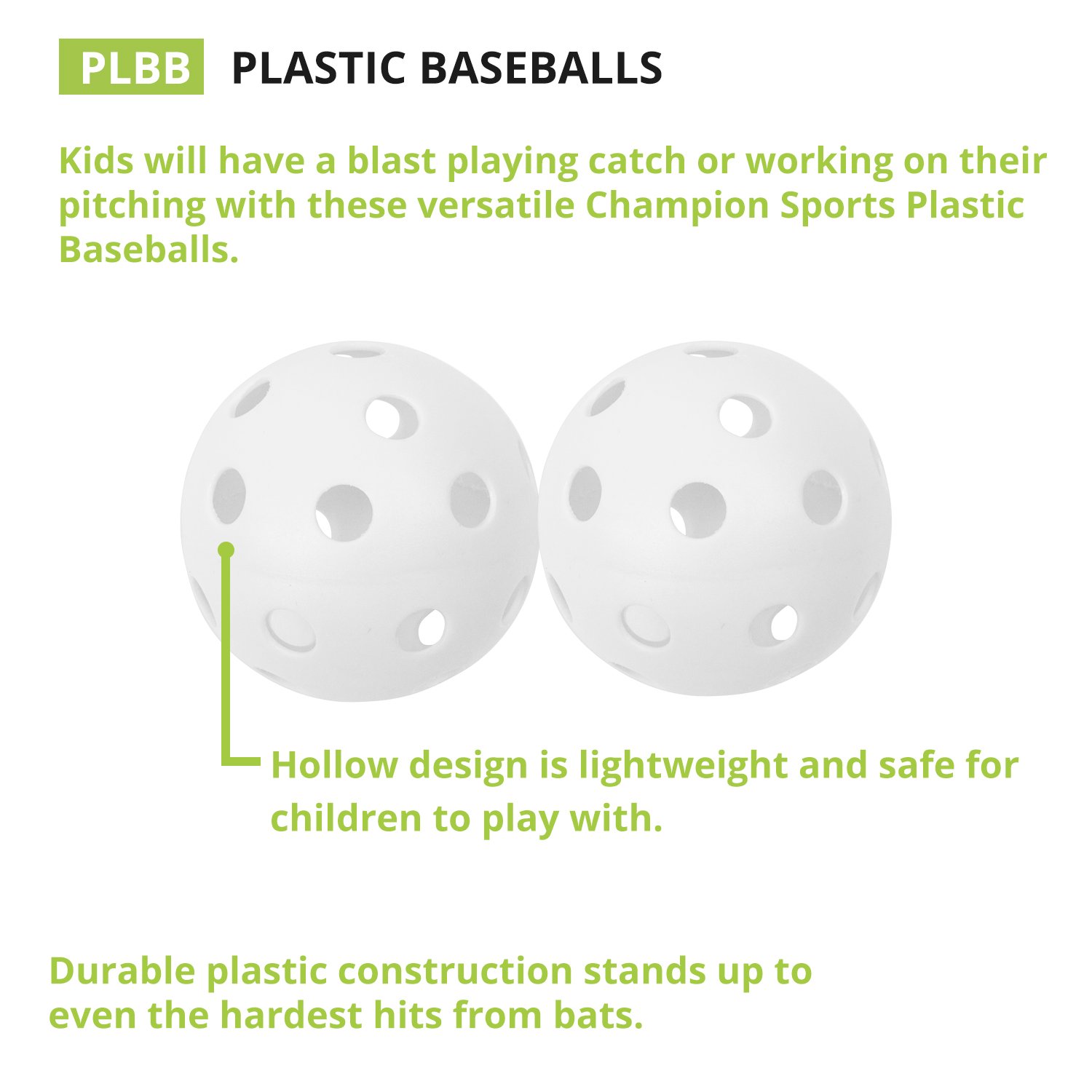 Champion Sports Hollow Plastic Baseballs - Lightweight Training Balls for Baseball Practice, Pitching & Batting Drills | Perfect for Backyard, Cage & Team Training
