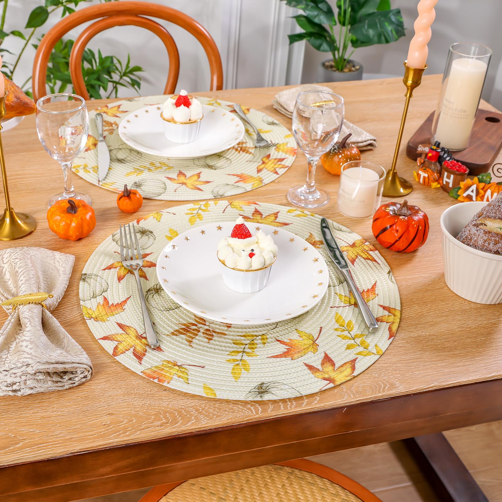 U'Artlines Fall Round Braided Placemats Set of 4 - 15 Inch Pumpkin & Leaves Design, Washable Woven Table Mats for Thanksgiving, Kitchen, Dining Table Decor | Perfect for Autumn Gatherings, Holiday Parties & Cozy Home Dining