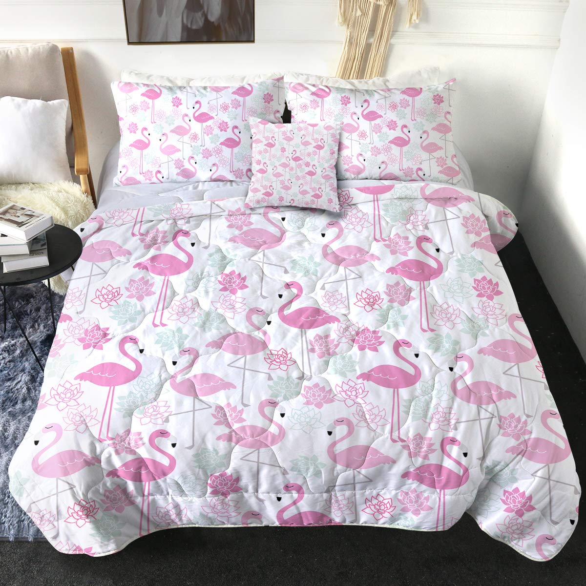 Luxury Pastel Pink Flamingo Queen Size Comforter Set - 4 Piece Soft All Season Bedding with Lotus Flower Design (1 Comforter, 2 Pillow Shams, 1 Throw Pillow Cover) - Perfect for Master Bedroom, Guest Room & Tropical Themed Decor