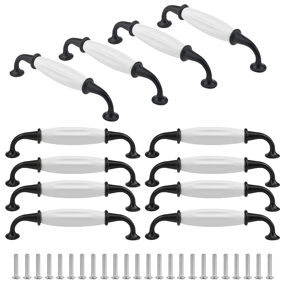 12 Pack Ceramic Drawer Pulls 5 Inch Hole Centers - Modern White & Black Cabinet Handles for Wardrobe, Dresser, Closet - Includes Mounting Screws - Perfect for Home Office, Bedroom Furniture & Kitchen Cabinets