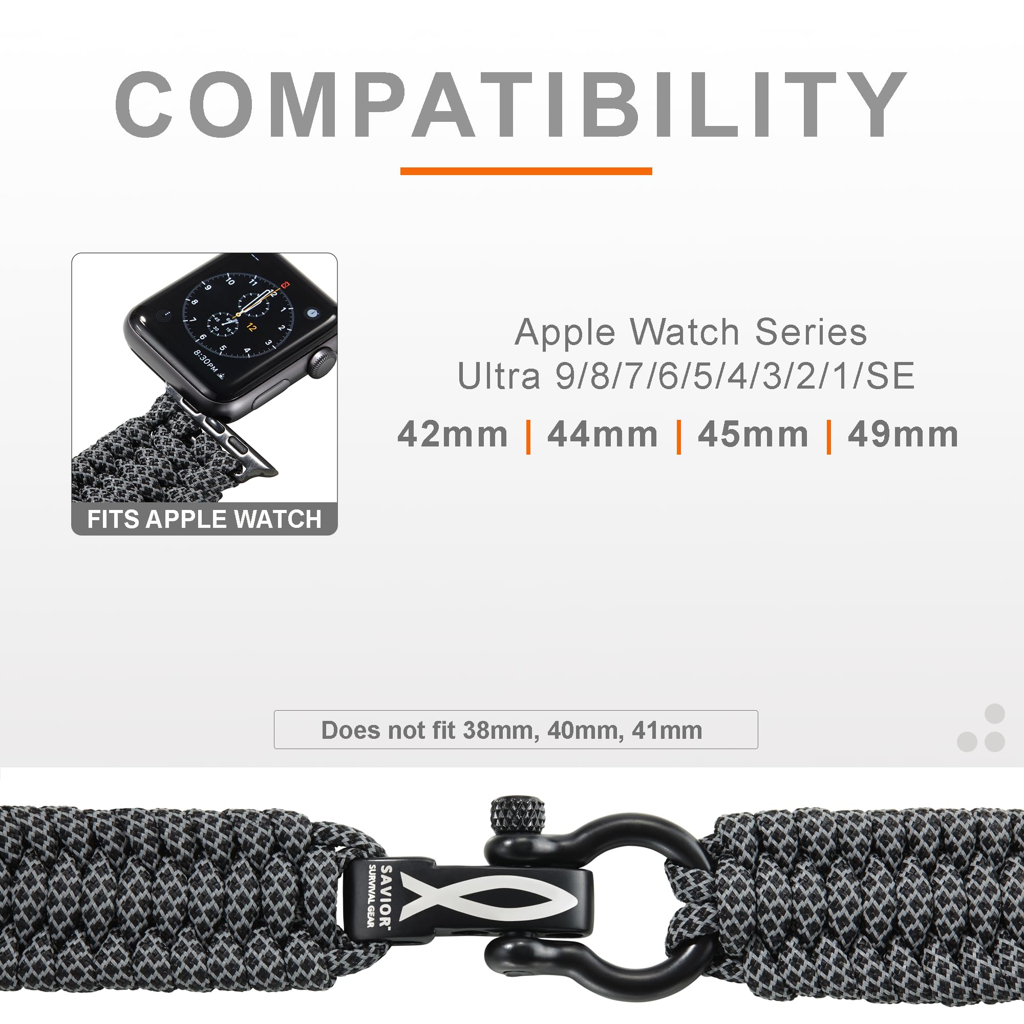 Survival Paracord Watch Band for Apple Watch Series 42mm 44mm 45mm 49mm - 550 Paracord & Stainless Steel Shackle - Compatible with iWatch Bands for Men & Women (Black Reflective, Large) - Perfect for Outdoor Adventures, Hiking, Camping & Emergency Situations