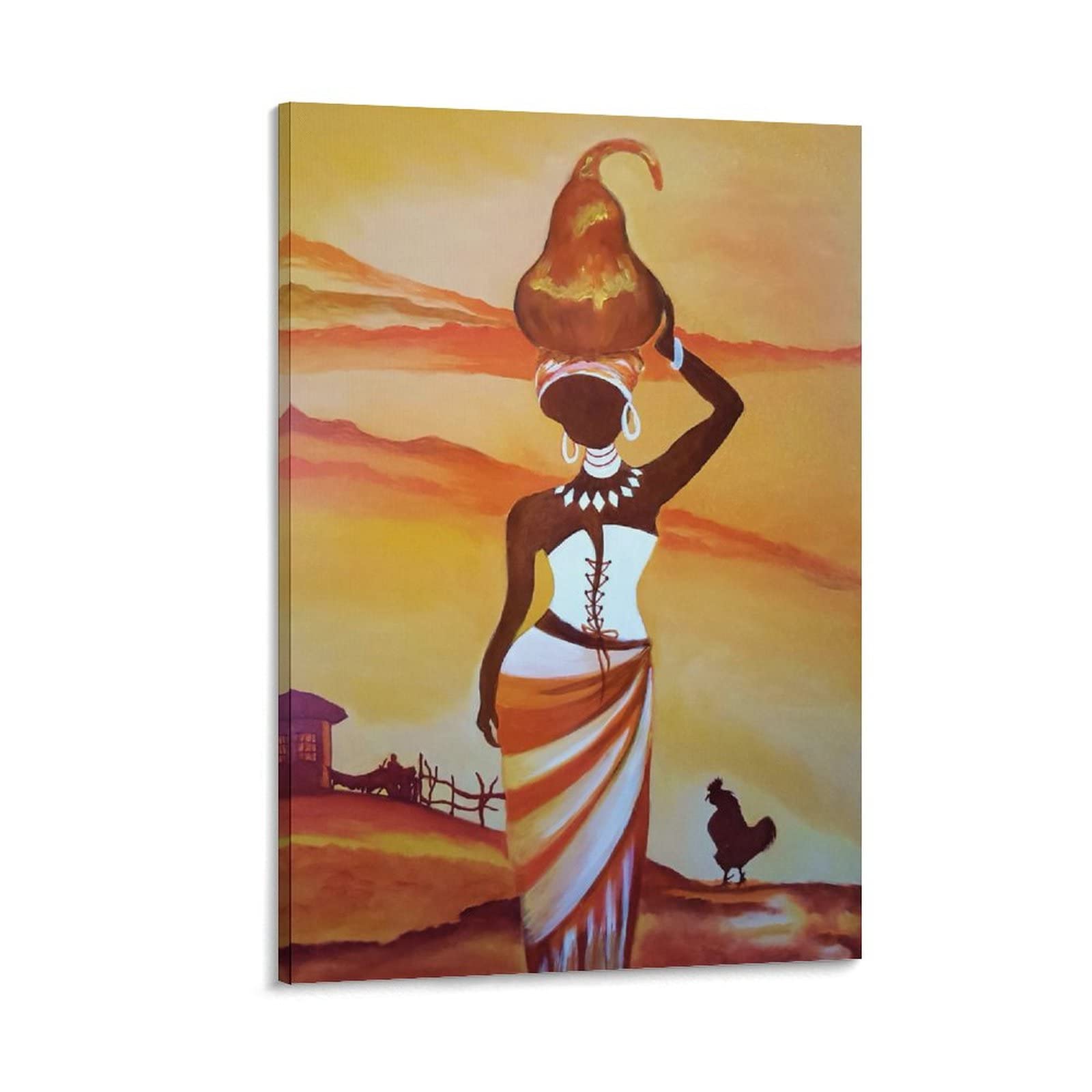 African Woman with Gourd Hut and Chicken Vintage Art Print - 20x30cm Canvas Wall Decor for Living Room & Bedroom - Tribal Home Decor, Unique Gift Idea for Art Lovers