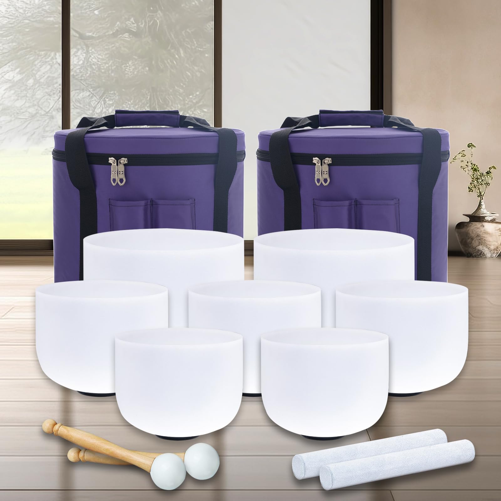 KVKA 7-12 Inch 440Hz Crystal Singing Bowls Set of 7 Pieces - White with Carrying Cases for Yoga, Meditation, Sound Healing & Relaxation Therapy