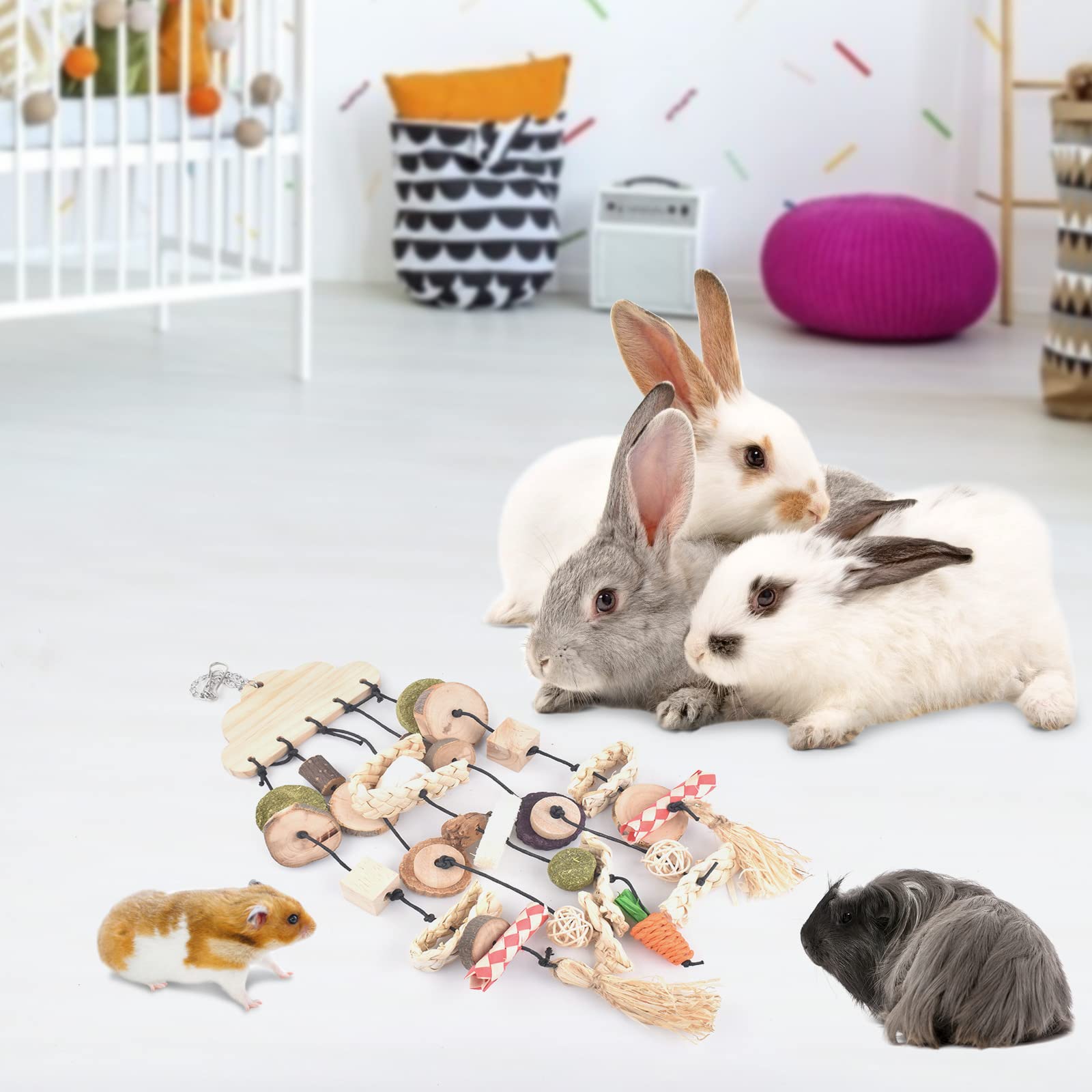 Rabbit Chew Toy with Snacks - Wooden Teeth Grinding Treat for Small Pets like Guinea Pigs & Hamsters - Cage Hanging Toy for Bunnies