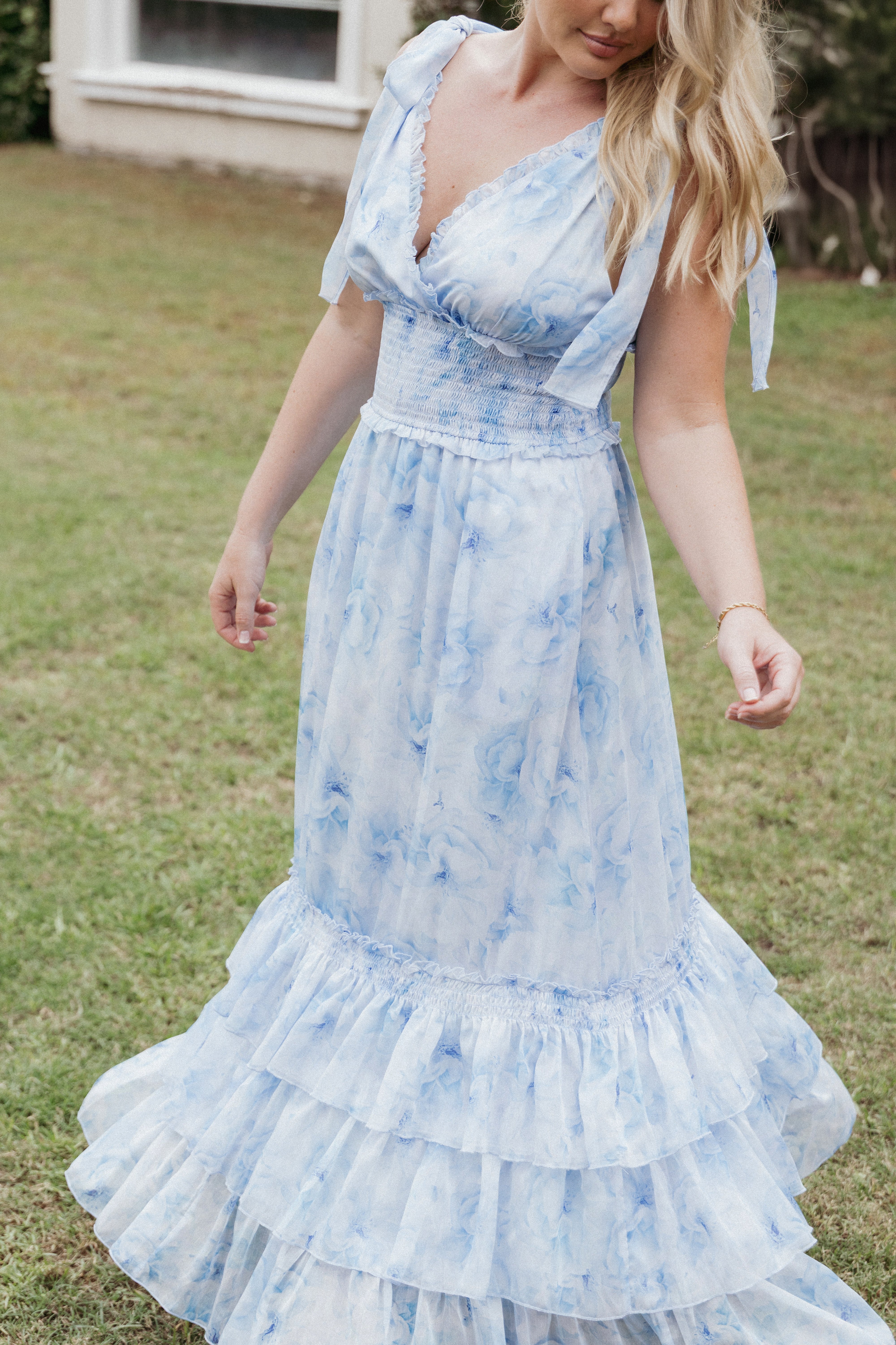 Fionna Women's Maxi Dress - Blue Floral Print Long Summer Dress for Beach, Vacation & Casual Wear