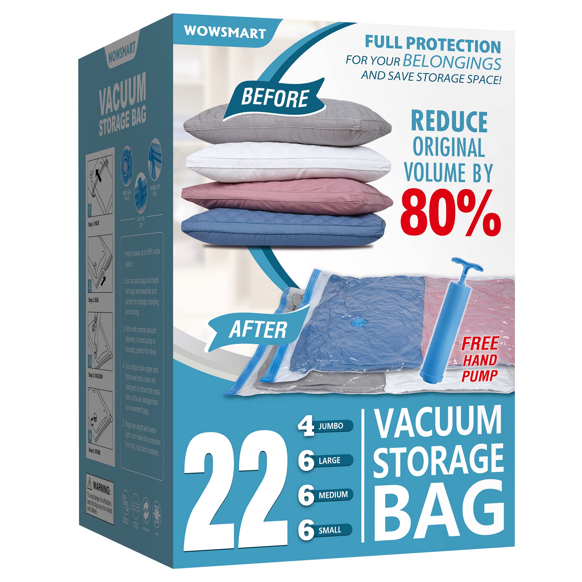 22 Space Saver Vacuum Storage Bags Set (4 Jumbo/6 Large/6 Medium/6 Small) with Hand Pump - Airtight Compression Bags for Clothes, Comforters, Pillows, Blankets & Bedding Storage - Perfect for Travel, Moving & Seasonal Organization
