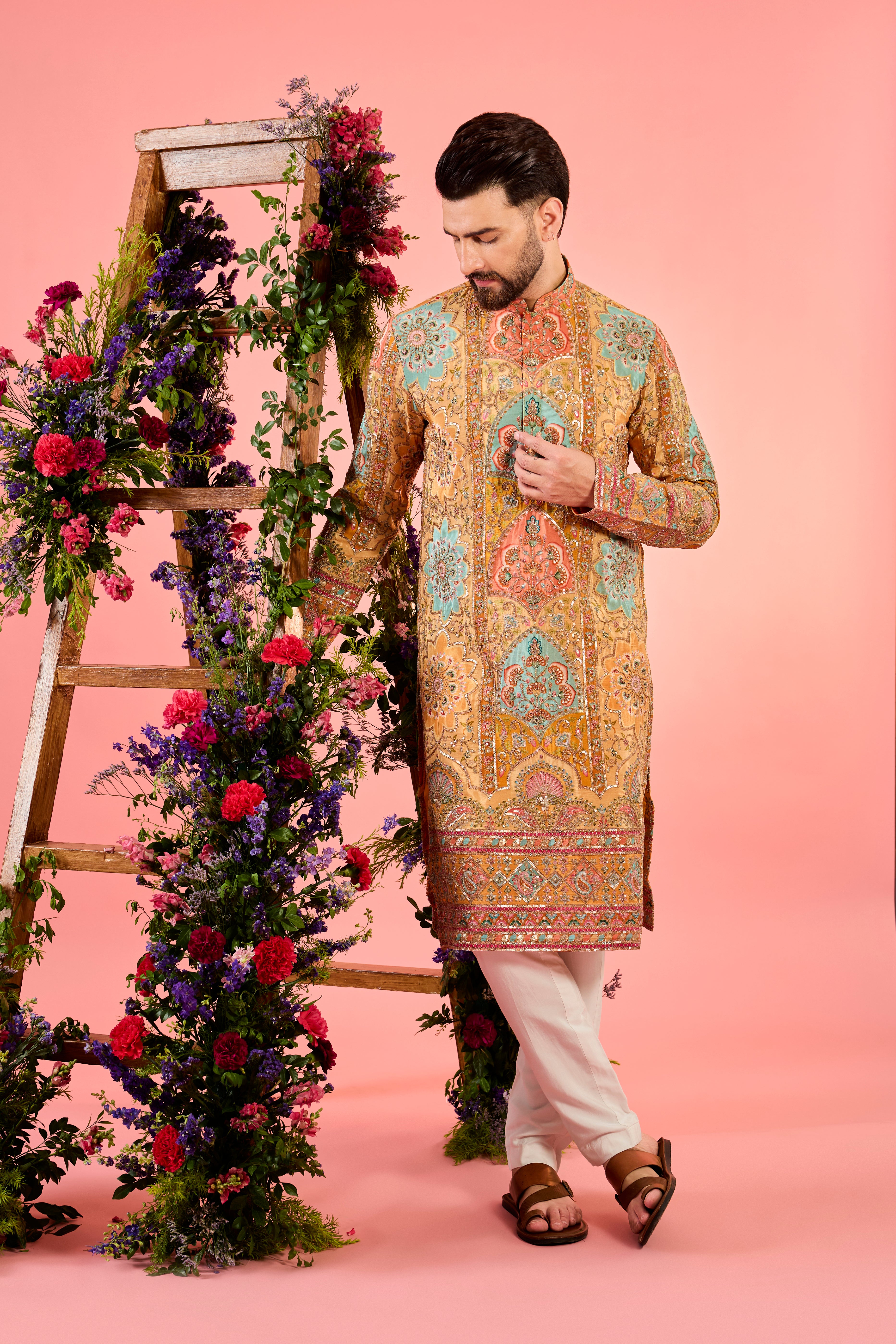 Exquisite Mustard Chikankari Kurta with Intricate Multi-Colored Floral Embroidery - Perfect for Festivals, Weddings & Ethnic Occasions