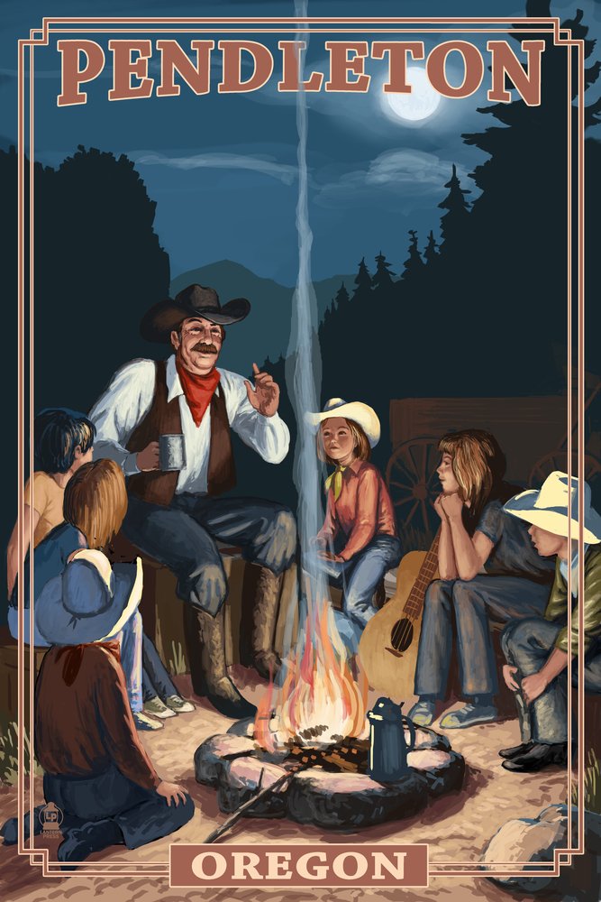 Signed Cowboy Campfire Storytelling Art Print - 24x36 Wall Decor Poster by Pendleton Oregon 47035 | Western Home Decor, Cabin & Ranch Wall Art