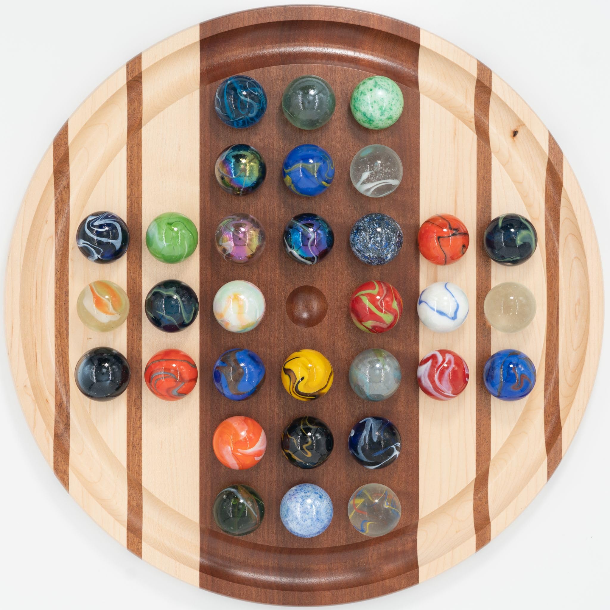 Handmade Marble Solitaire Board Game with Glass Marbles - 16 Inch Classic Wooden Board with Bold Stripes - Perfect for Family Game Night, Kids Educational Toys & Stress Relief Gifts