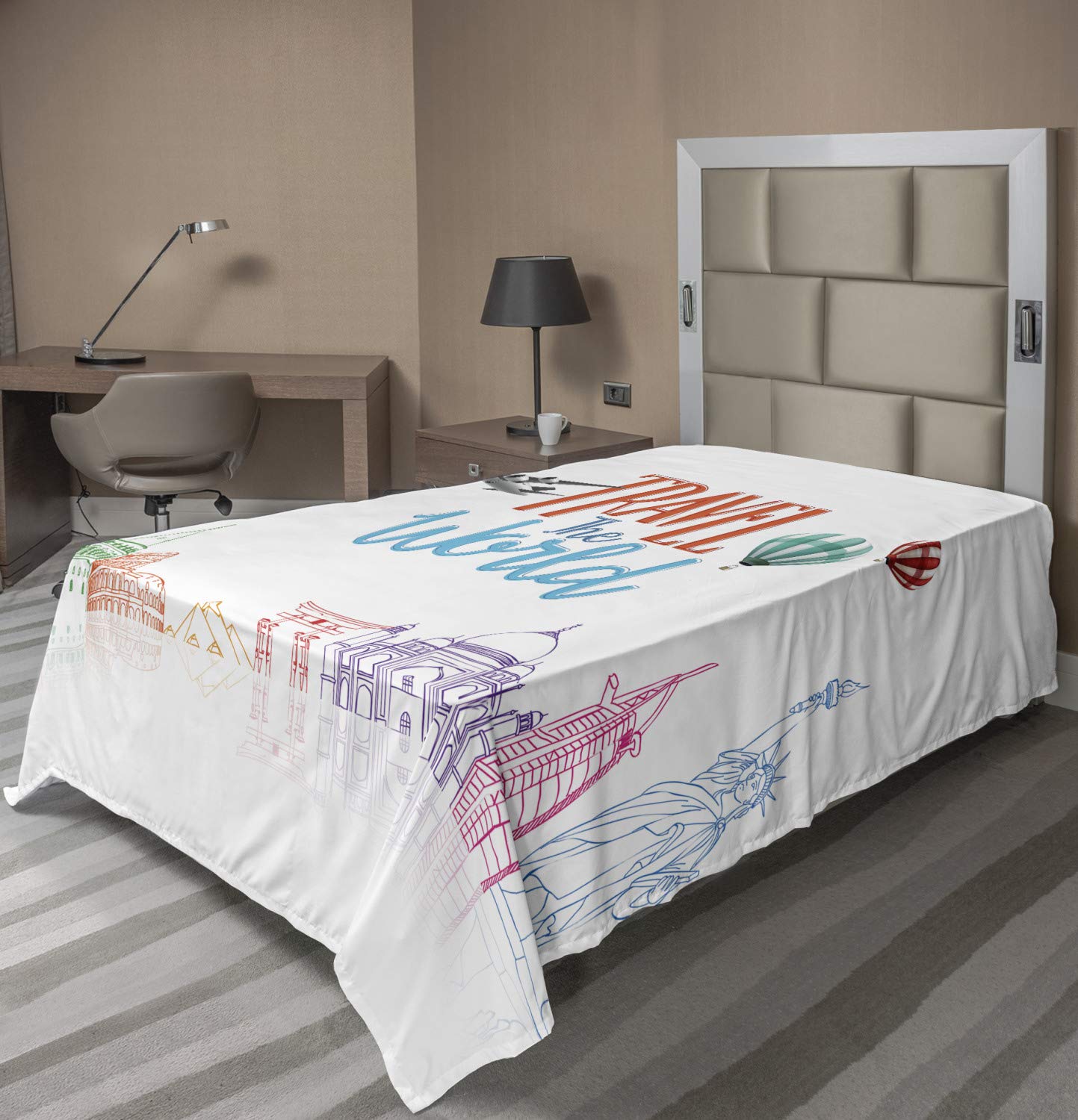 Ambesonne World Travel Themed Flat Sheet - Twin Size Multicolor Decorative Bedding with Globe Landmarks & Balloons Design | Soft Comfortable Top Sheet for Home, Dorm & Travel Use