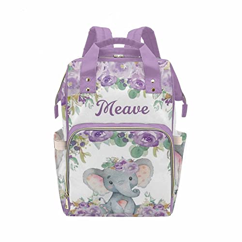 Custom Name Diaper Backpack with Purple Roses & Floral Elephant Print - Waterproof Nappy Bag for New Moms - Perfect for Baby Essentials, Travel & Daily Outings