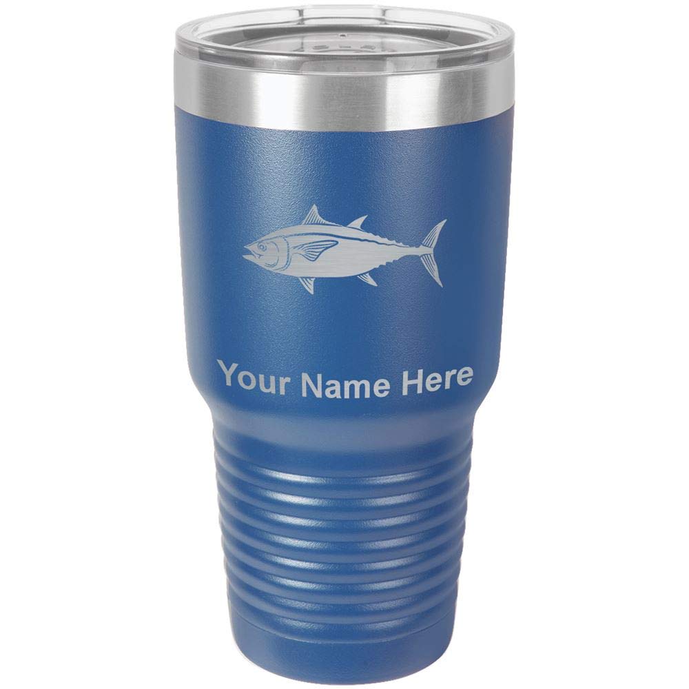 LaserGram 30oz Vacuum Insulated Stainless Steel Tumbler with Lid - Personalized Engraved Tuna Fish Design in Dark Blue - Keeps Drinks Hot/Cold for Hours - Perfect for Office, Gym, Travel & Outdoor Activities