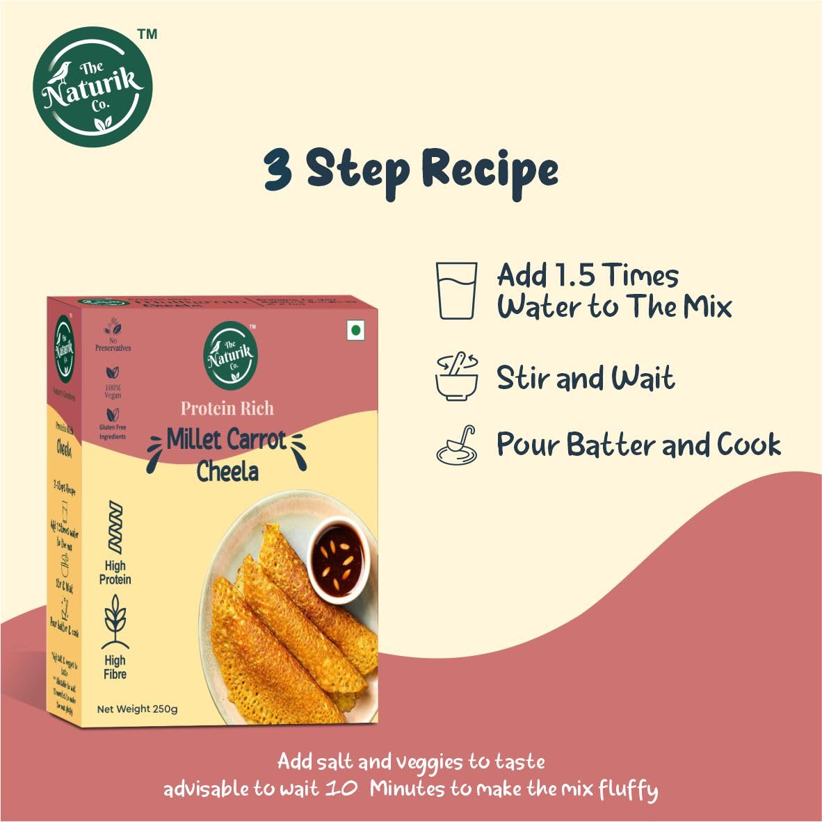 The Naturik Co Millet Carrot Cheela Mix - 250gm | Ready to Cook Millet Chilla & Dosa Mix | Healthy Instant Breakfast | Kids & Family Snack | Shark Tank Featured | Perfect for Quick Meals, School Lunches & On-the-Go Snacking