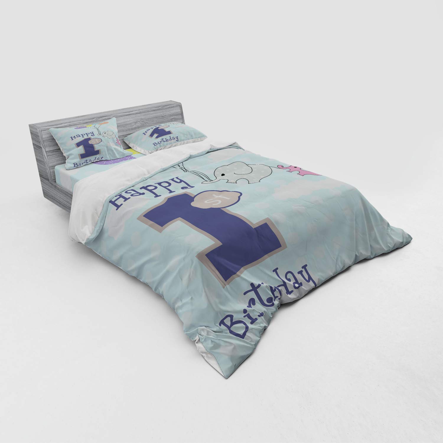 Ambesonne 1st Birthday Bedding Set - Elephant & Balloons Sky Blue Grey 4-Piece Duvet Cover with Shams & Fitted Sheet, Queen Size | Hand-Drawn Nursery Decor for Baby Shower & Kids Room