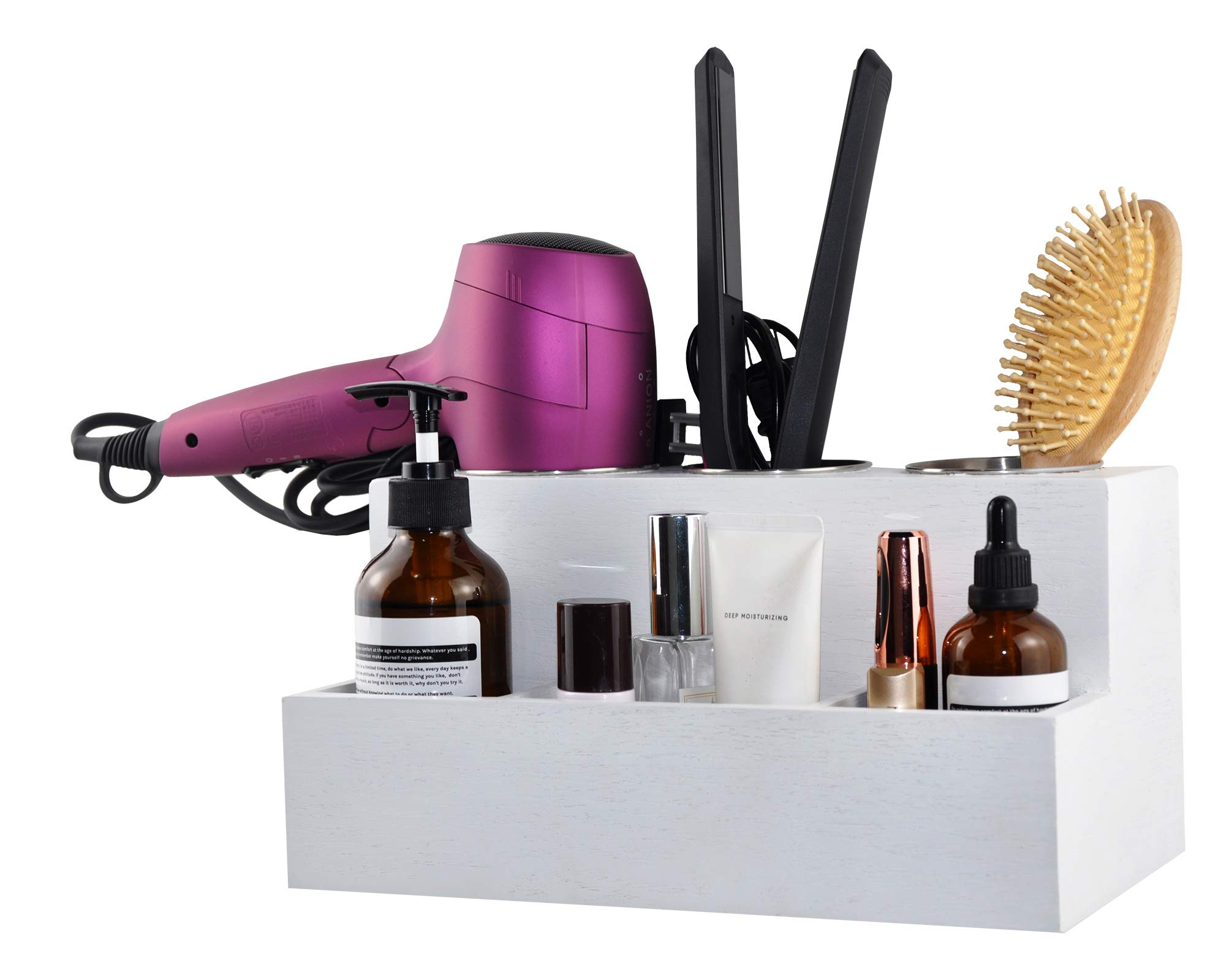 Spiretro Wooden Hair Tools Organizer - White Vanity & Bathroom Storage Holder for Blow Dryer, Straightener, Curling Wand & Brushes - Wall Mount or Countertop - Perfect for Salon, Home & Travel Use