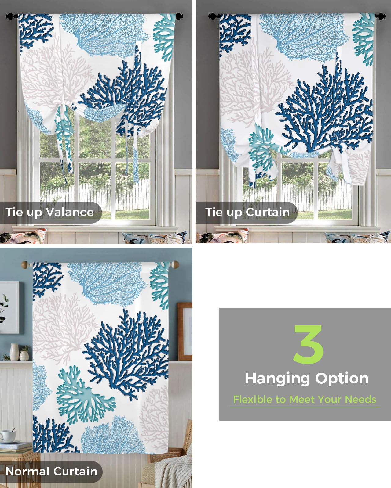 Tie Up Curtains for Windows - Blue White Geometric Abstract Design with Adjustable Rod Pocket, 42x54 Inch Balloon Window Shades for Bathroom & Kitchen | Perfect for Coastal Decor, Summer Beach House, and Marine-Themed Rooms