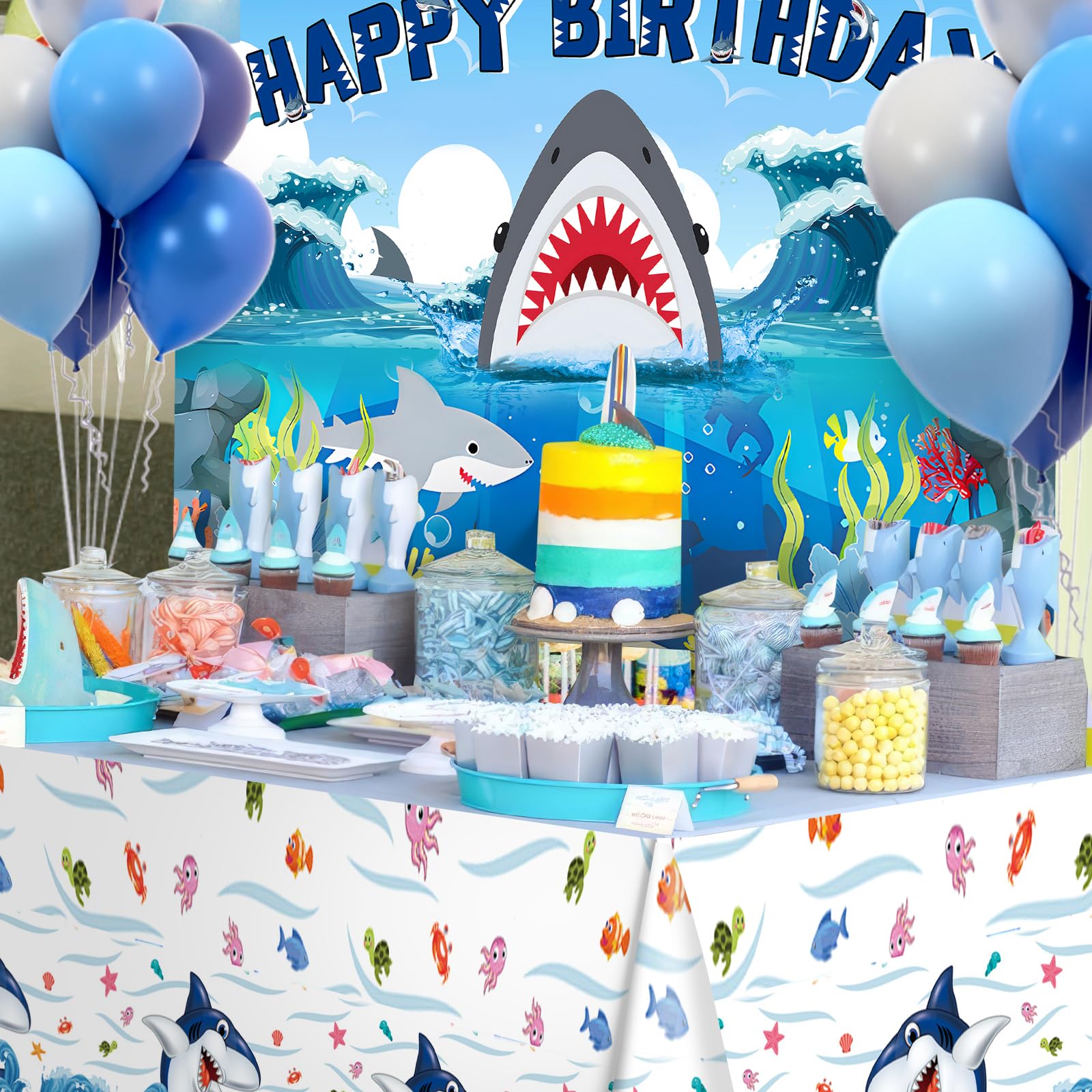 **Winrayk 145Pcs Shark Birthday Party Decorations Kit - Ocean Themed Balloon Garland Arch, Backdrop, Tablecloth & Star Balloons for Kids Boys - Perfect for Under the Sea Birthday Party, Baby Shower & Themed Events**
